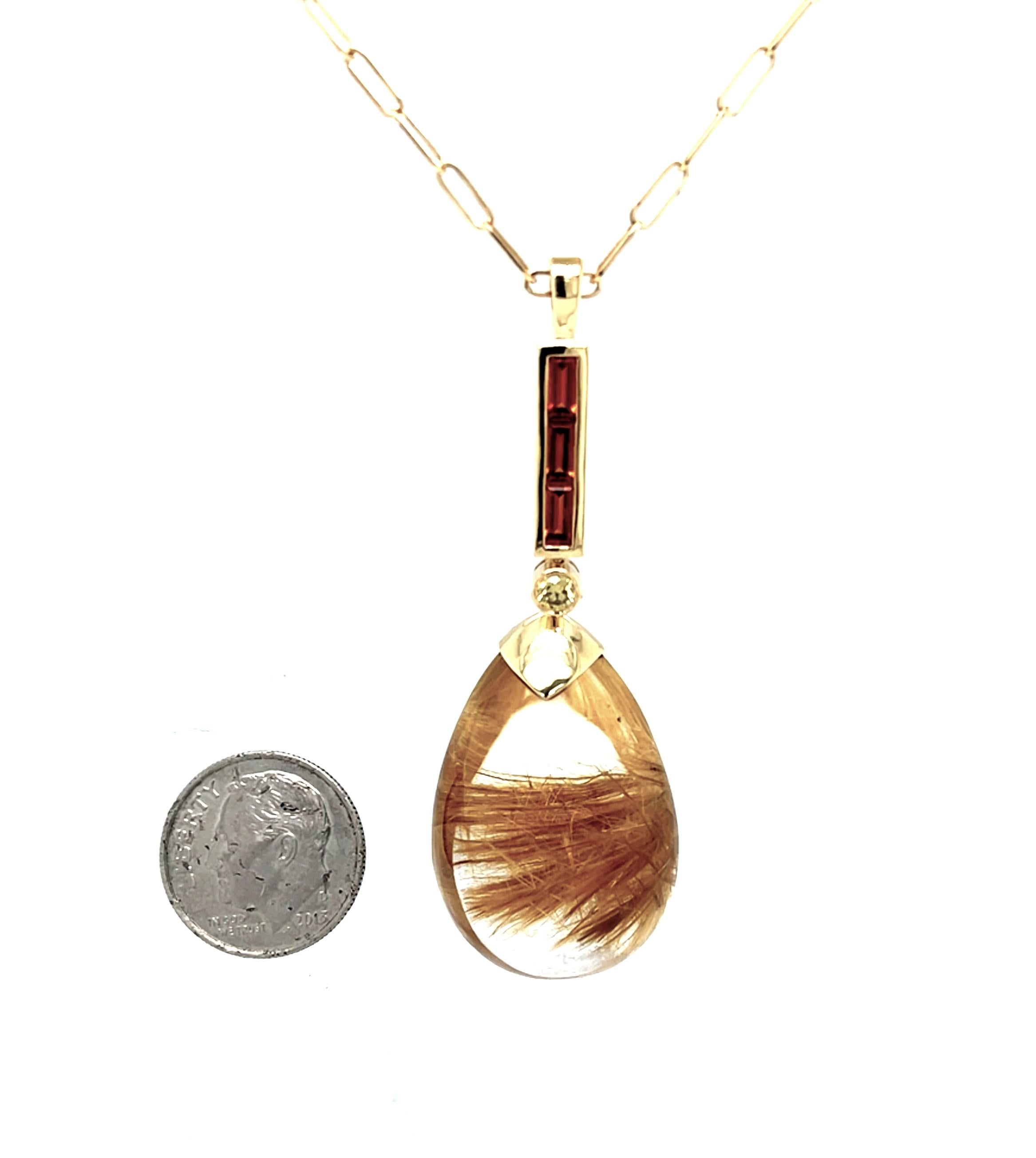 Women's or Men's 35.74 Carat Rutilated Quartz Pendant with Citrine and Diamond in Yellow Gold For Sale