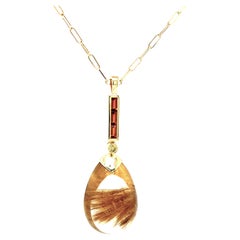 35.74 Carat Rutilated Quartz Pendant with Citrine and Diamond in Yellow Gold