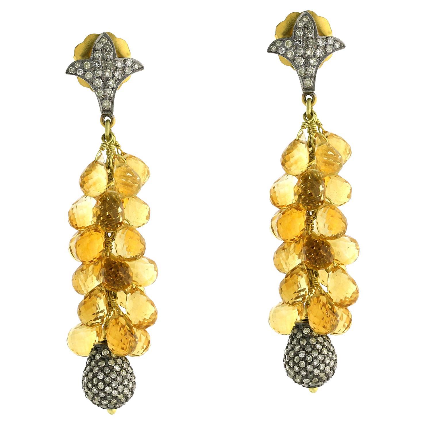 Boucles d
oreilles Briolette Citrine 35,74ct avec 2,35ct Diamants en or 14k