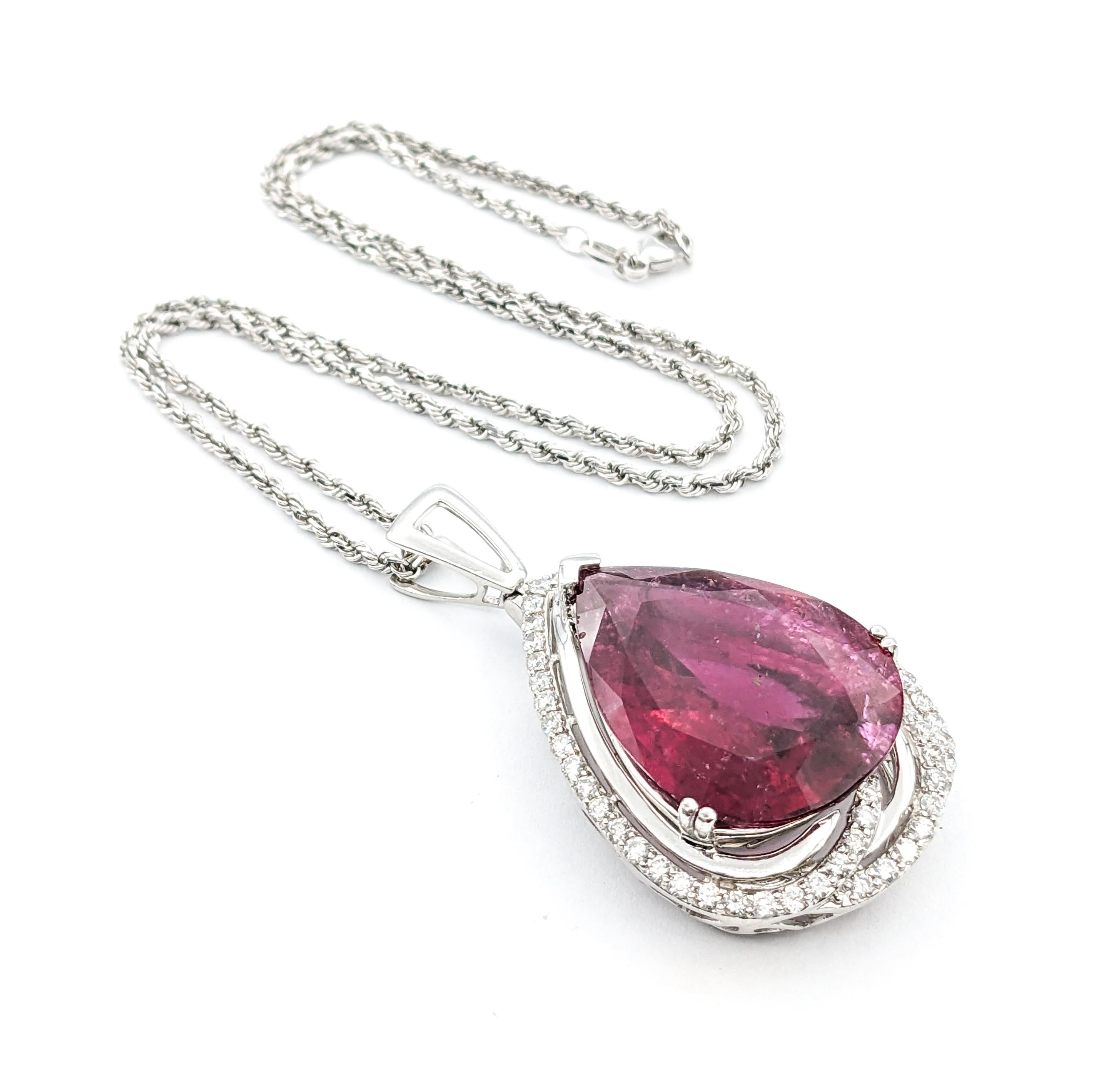 35,75 Karat Rosa GIA Rubellit Turmalin Birne & Diamant Halskette aus Platin im Angebot 4