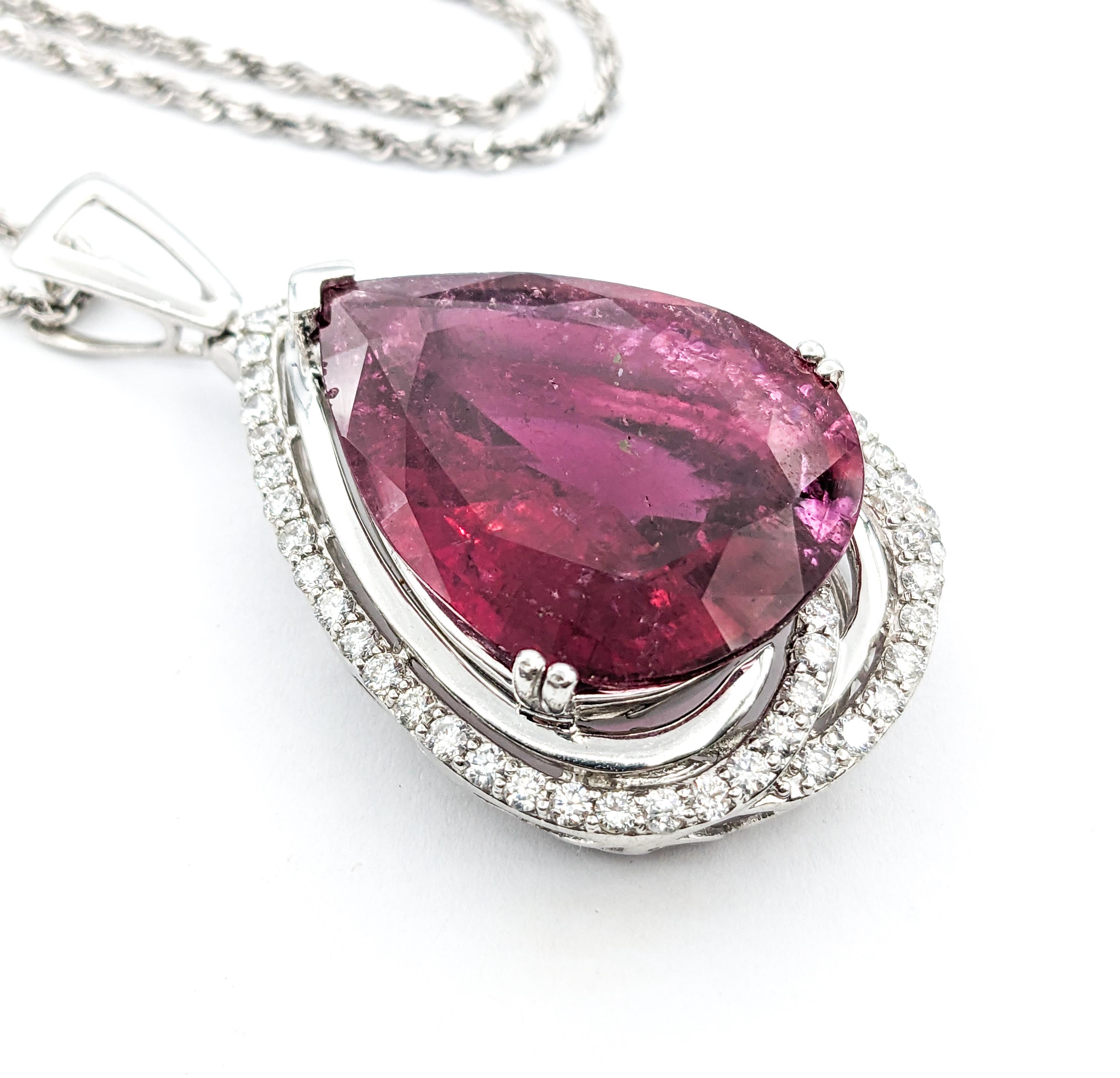 35.75ct Pink GIA Rubellite Tourmaline Pear & Diamond Necklace In Platinum For Sale 5