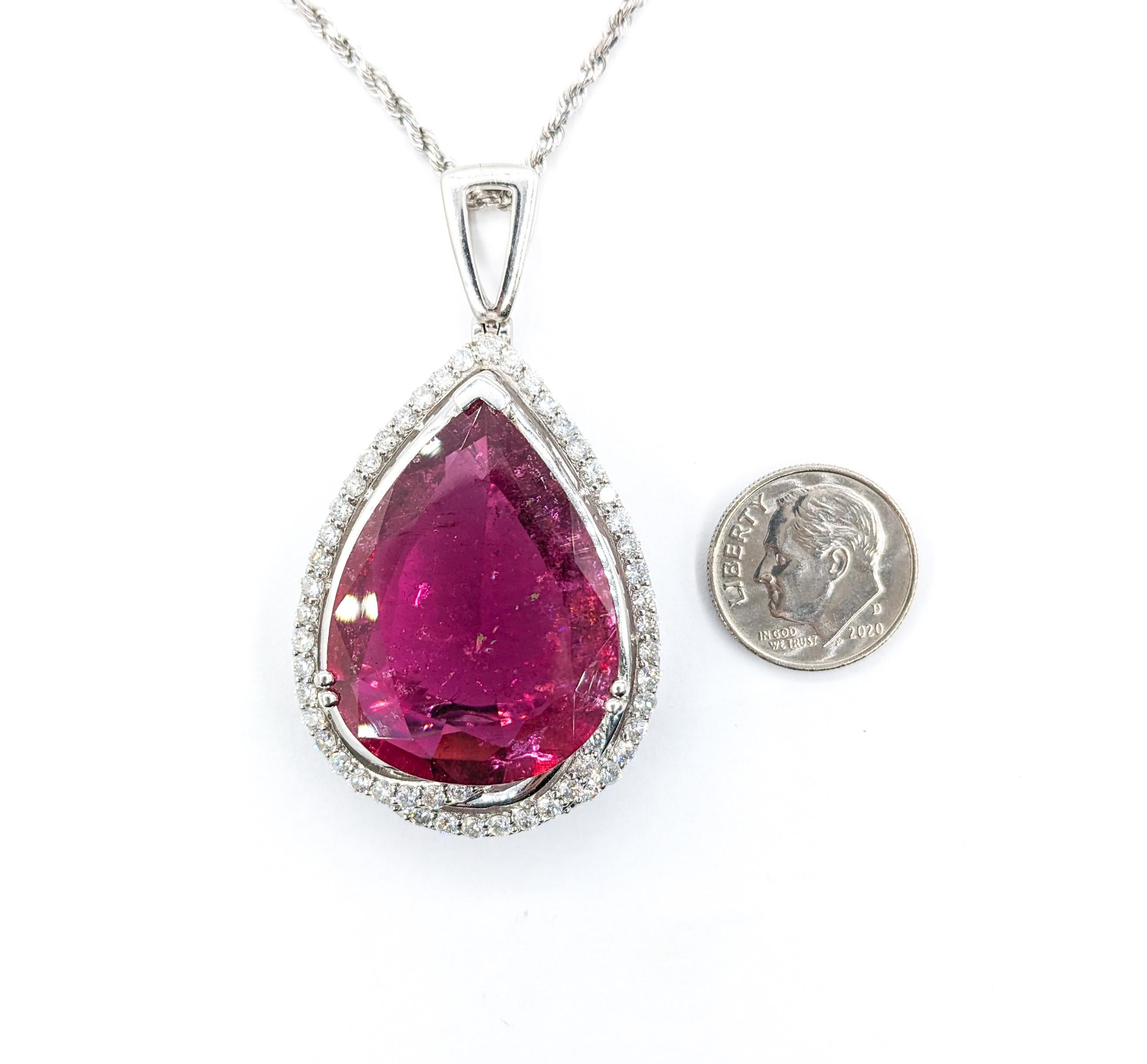 Women's 35.75ct Pink GIA Rubellite Tourmaline Pear & Diamond Necklace In Platinum For Sale