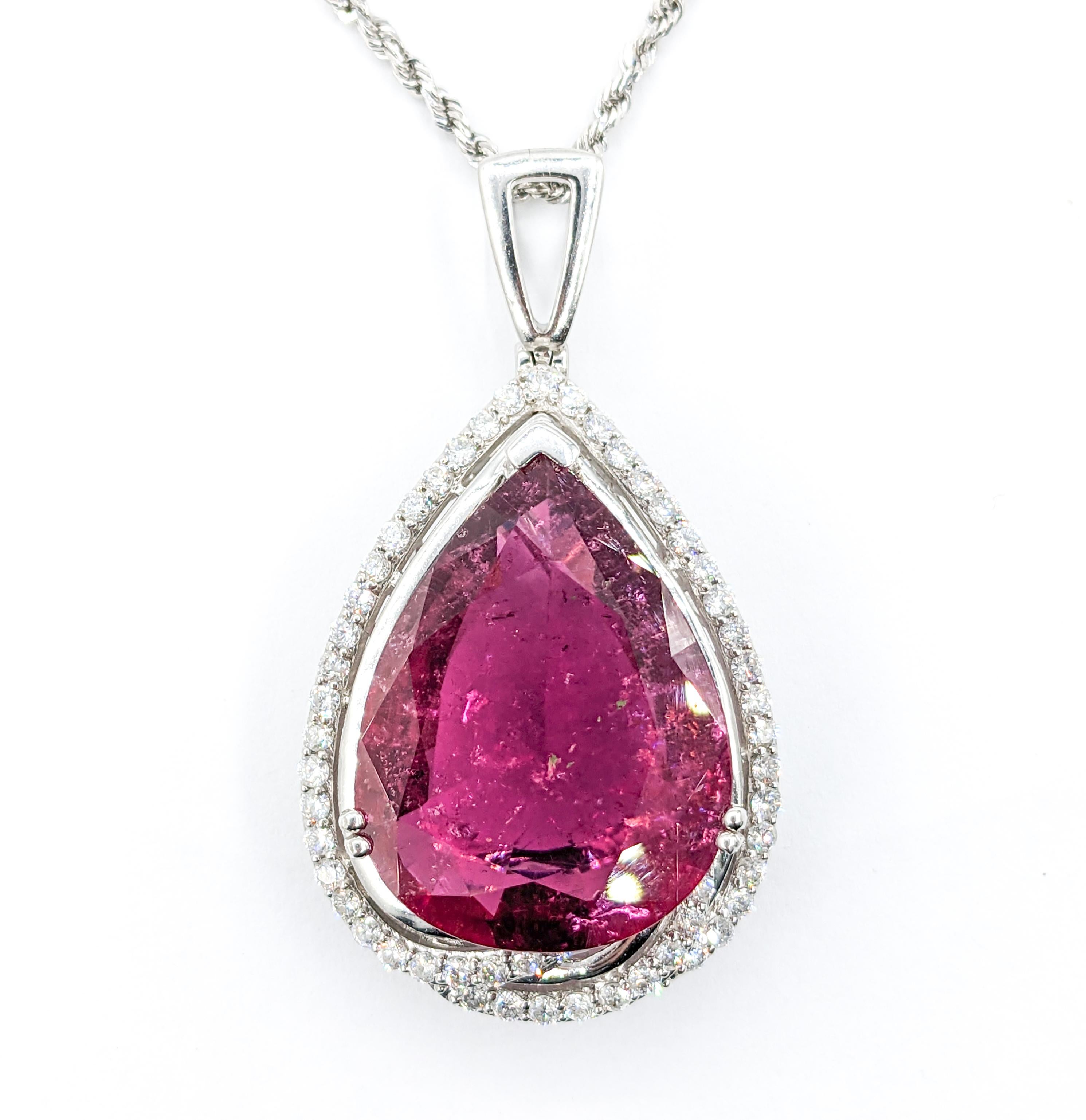35,75 Karat Rosa GIA Rubellit Turmalin Birne & Diamant Halskette aus Platin im Angebot 1