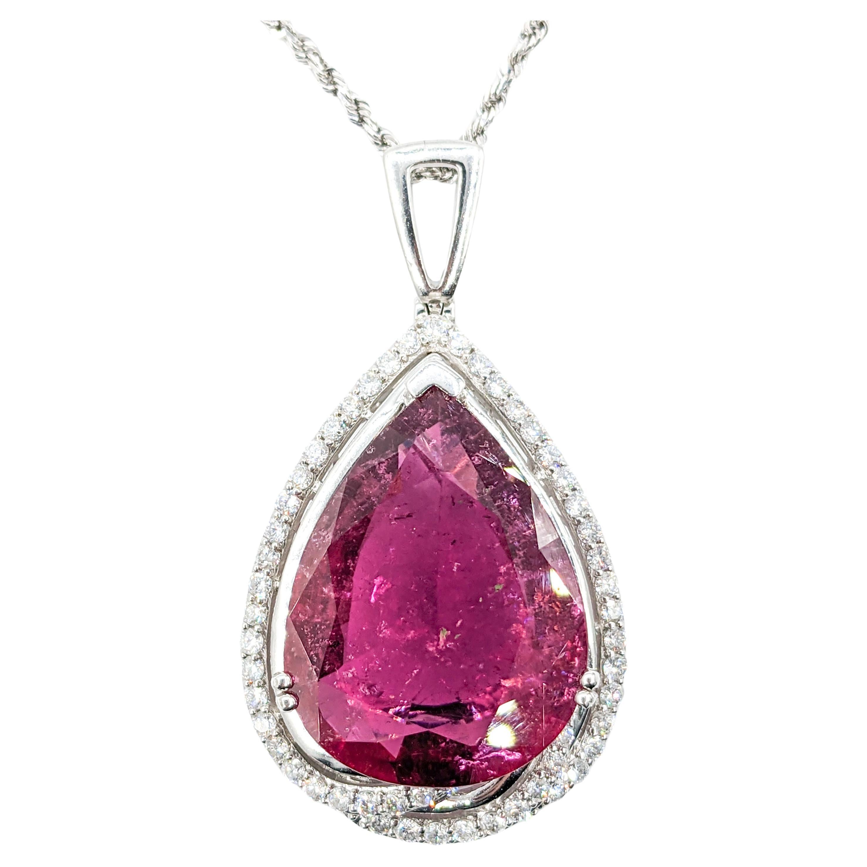 35.75ct Pink GIA Rubellite Tourmaline Pear & Diamond Necklace In Platinum For Sale