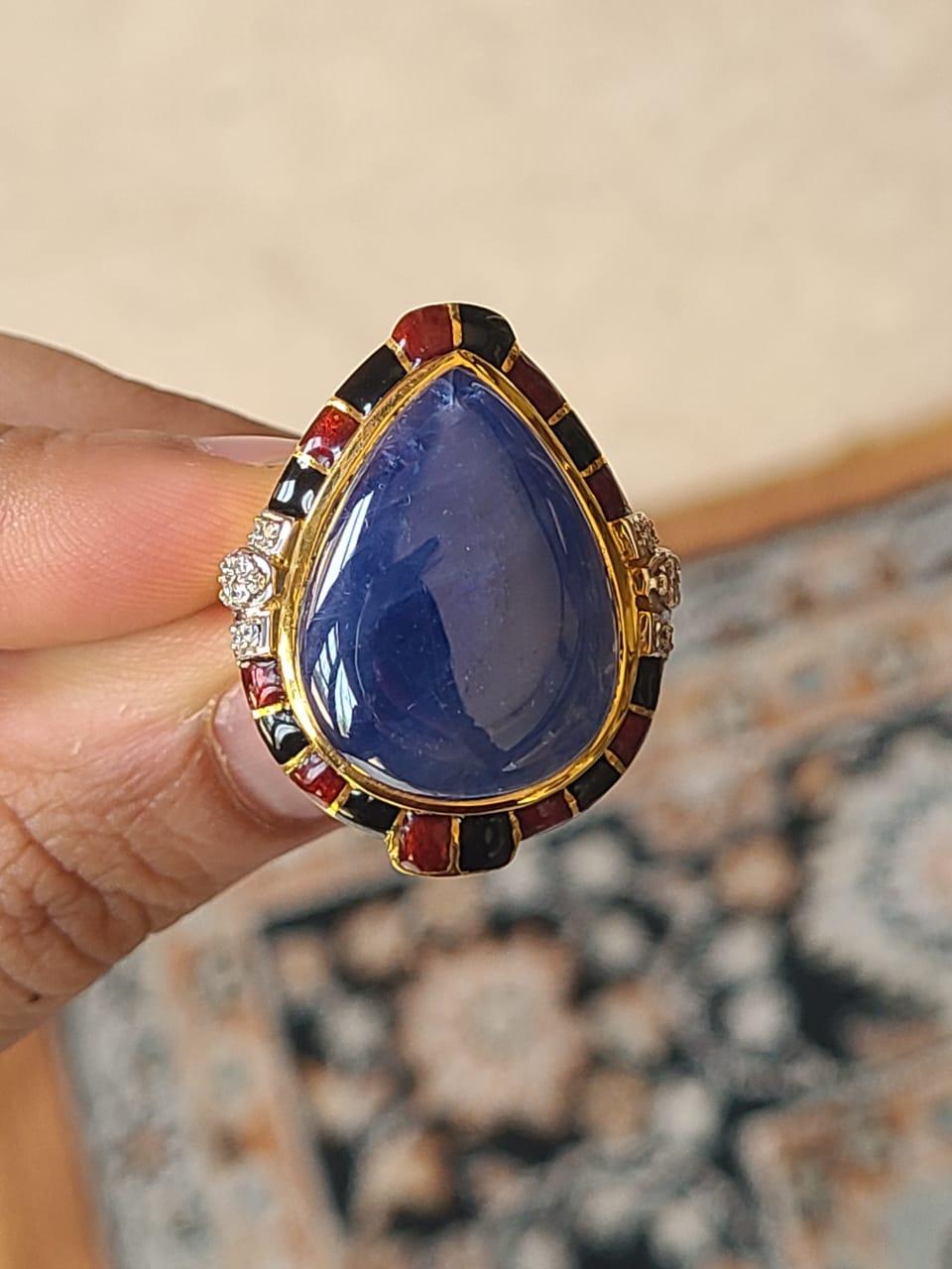 Modern 35.76 Carat Natural Blue Sapphire, Diamond and Enamel Ring in 18 Karat Gold