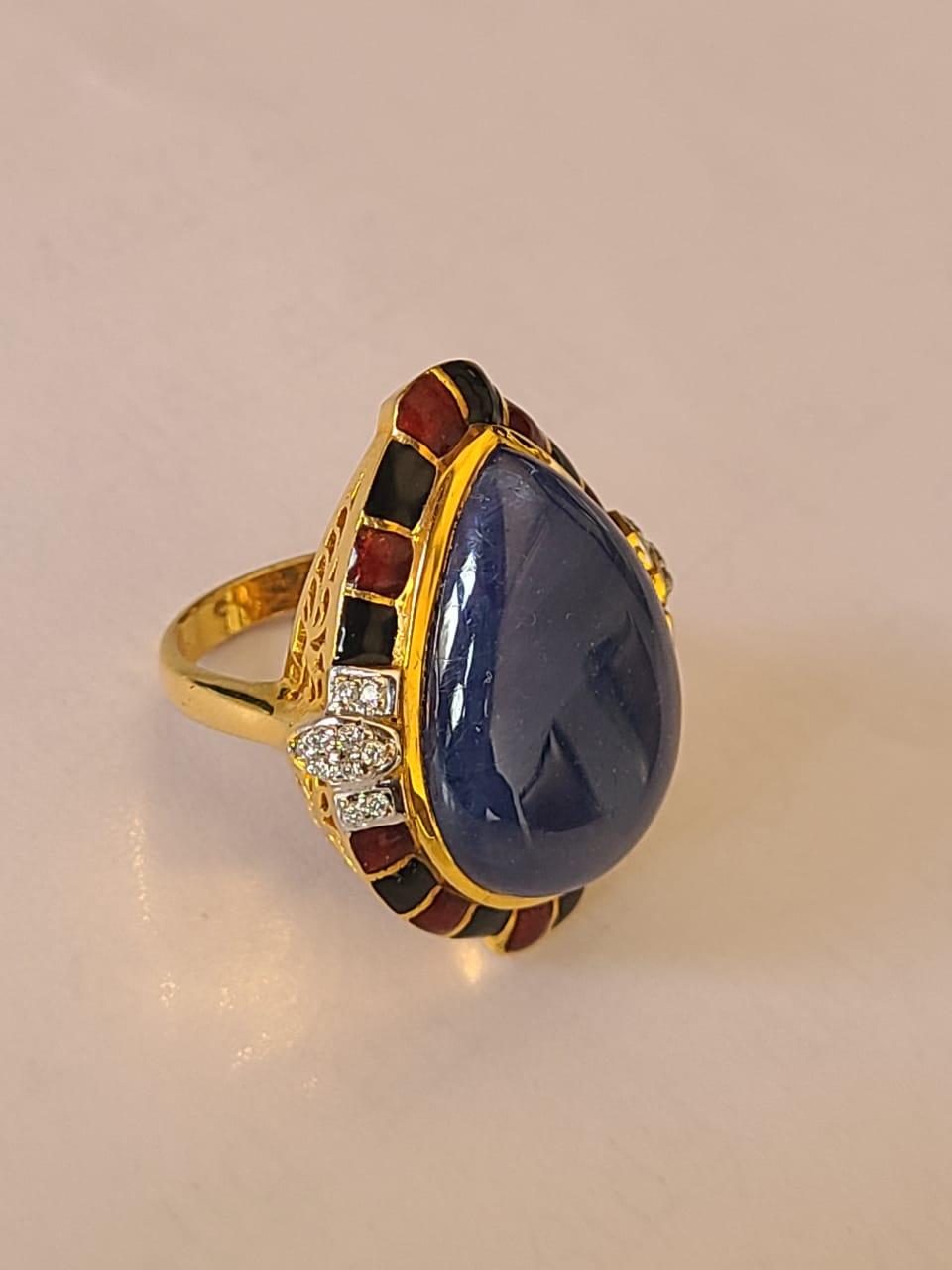 Cabochon 35.76 Carat Natural Blue Sapphire, Diamond and Enamel Ring in 18 Karat Gold