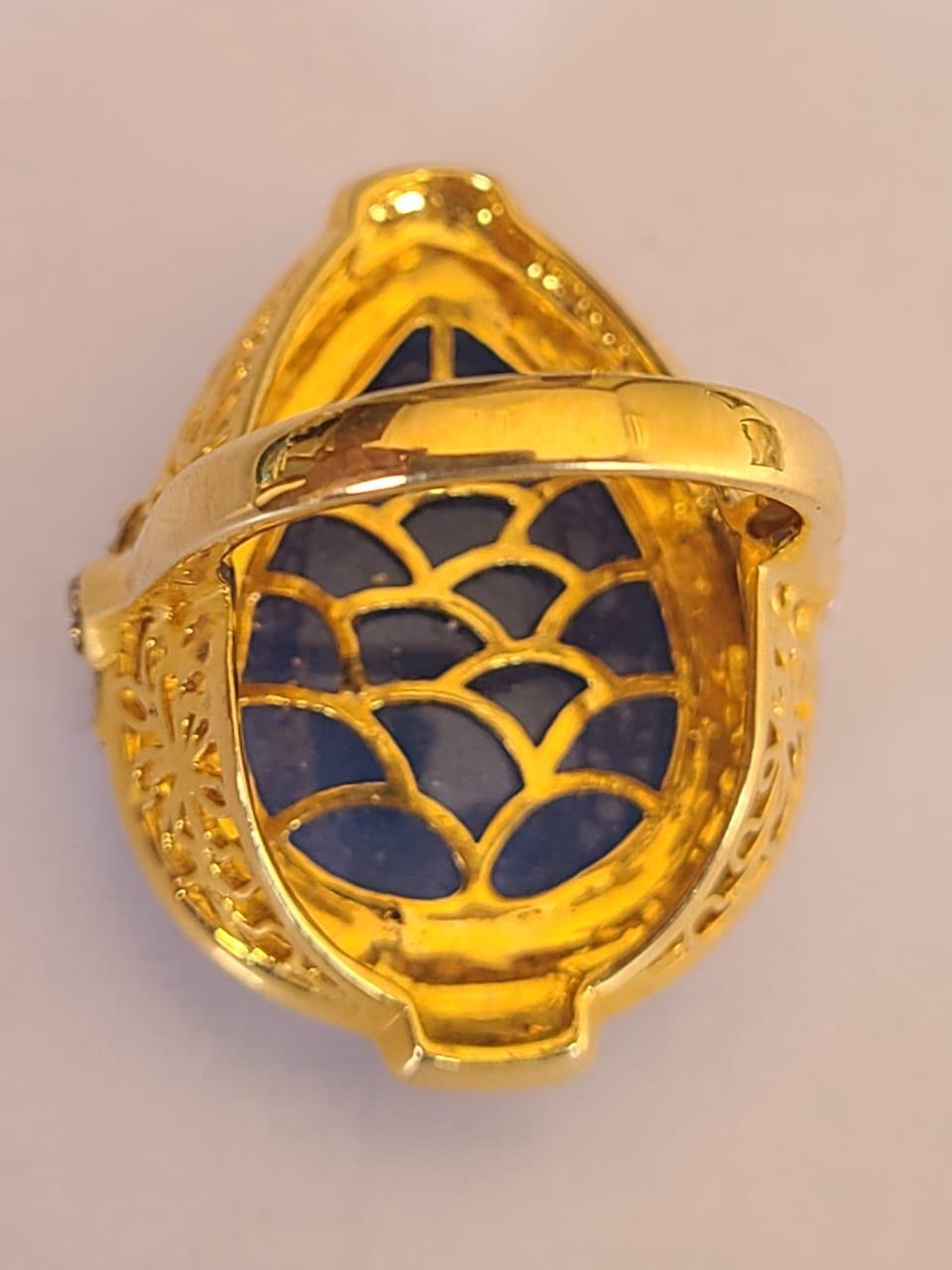 Women's or Men's 35.76 Carat Natural Blue Sapphire, Diamond and Enamel Ring in 18 Karat Gold