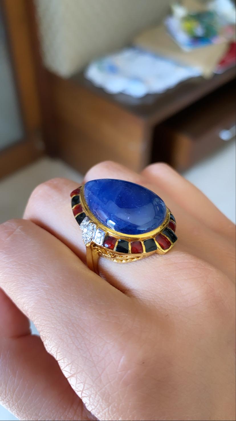 35.76 Carat Natural Blue Sapphire, Diamond and Enamel Ring in 18 Karat Gold 1