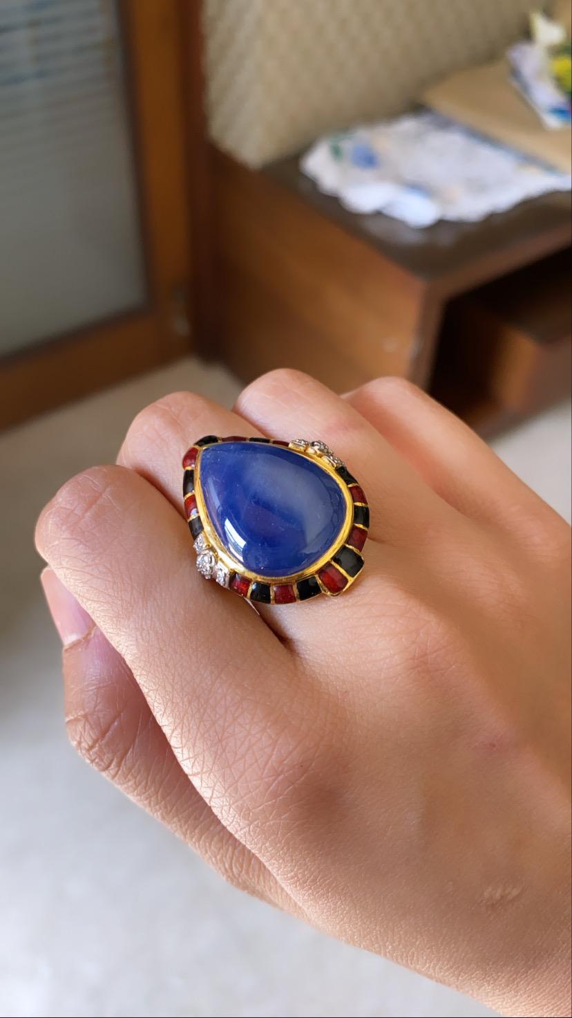35.76 Carat Natural Blue Sapphire, Diamond and Enamel Ring in 18 Karat Gold 3