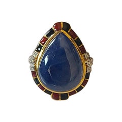 35.76 Carat Natural Blue Sapphire, Diamond and Enamel Ring in 18 Karat Gold