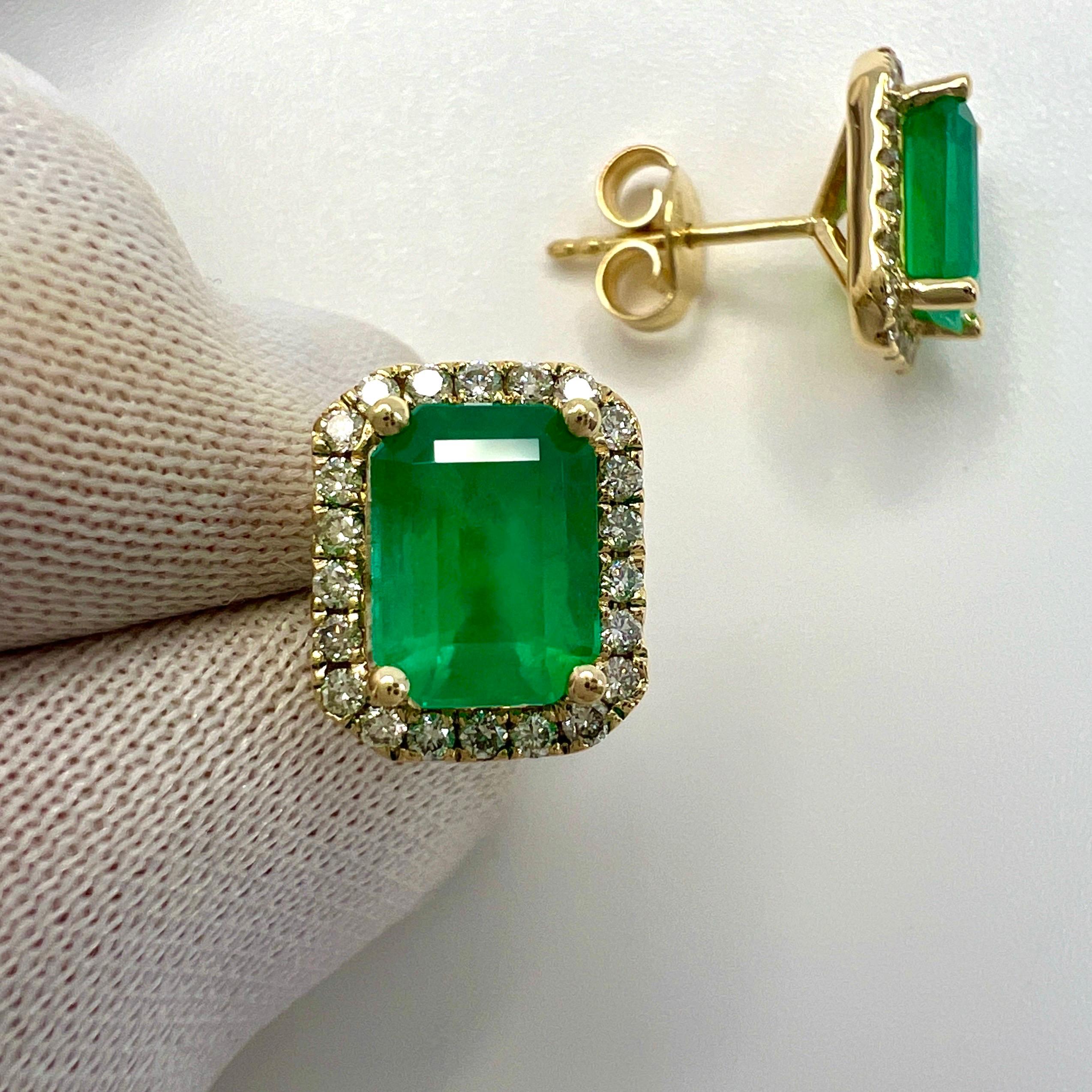 3.57ct GIA Certified Rare Russian Emerald & Diamond 18k Gold Halo Earring Studs For Sale 5