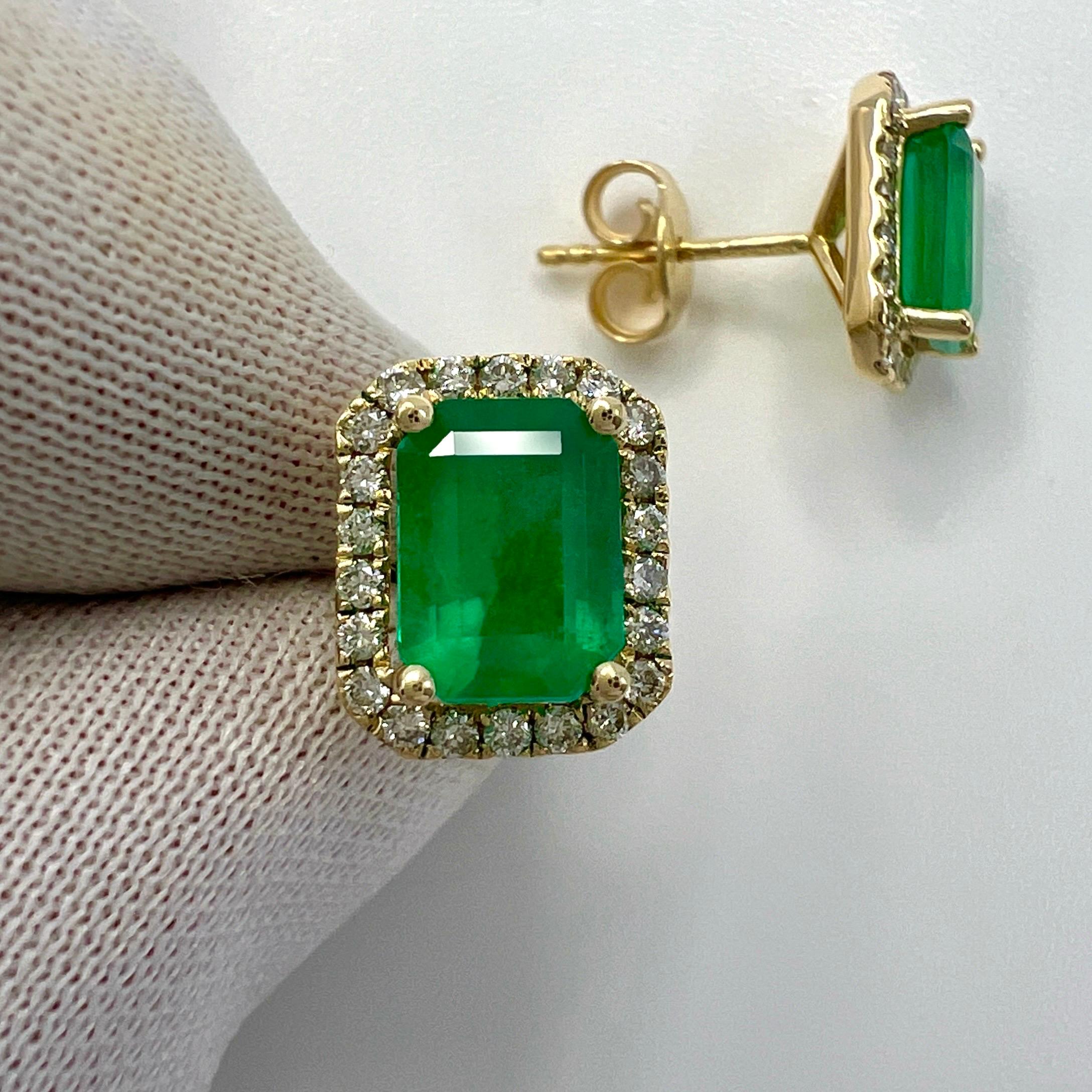 GIA Certified Vivid Green Russian Emerald And Diamond 18k Yellow Gold Halo Earring Studs. 
3.57 Total carat weight.

These earrings feature two very rare old stock natural Russian emeralds with a vivid green colour and an excellent emerald octagonal