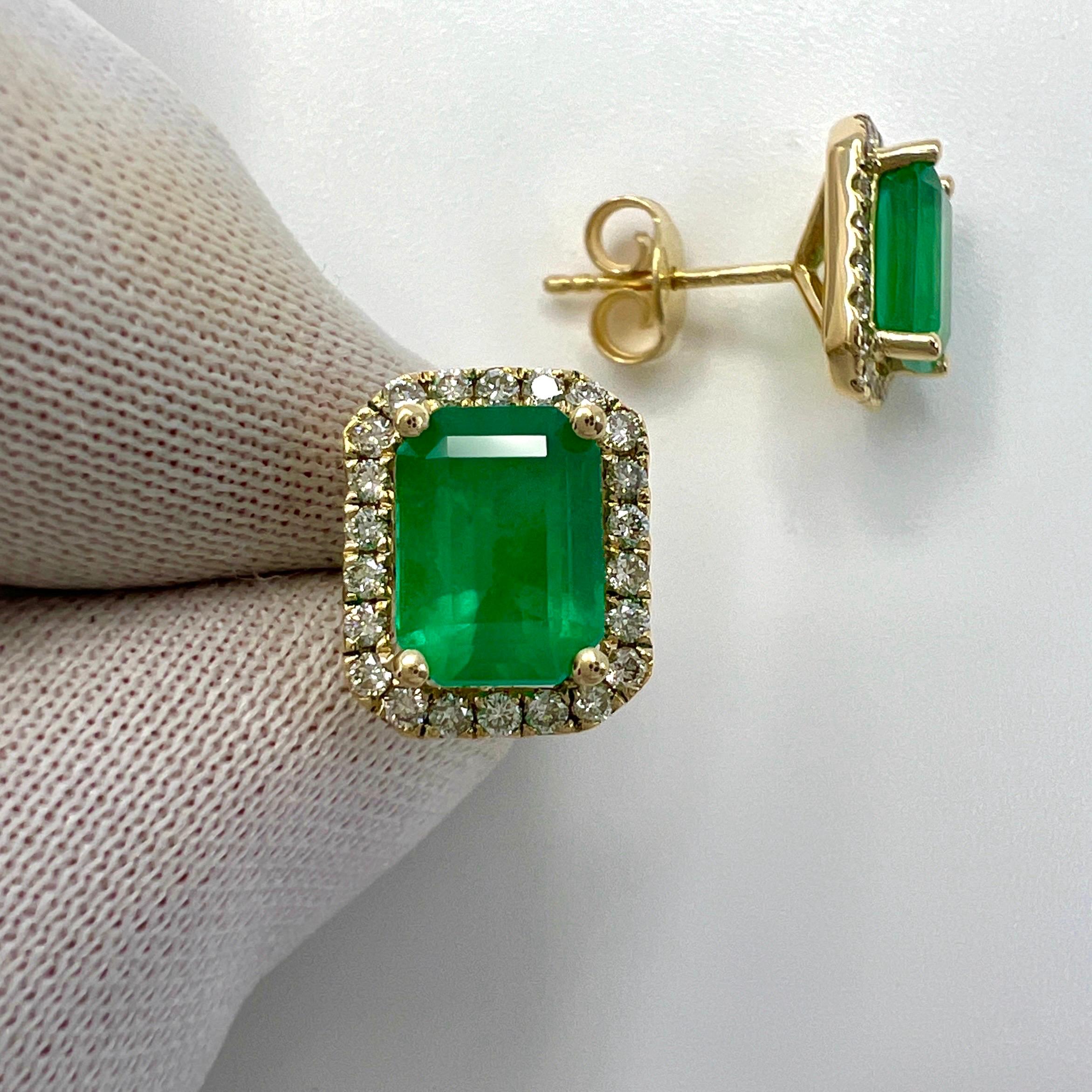 3.57ct GIA Certified Rare Russian Emerald & Diamond 18k Gold Halo Earring Studs For Sale 2