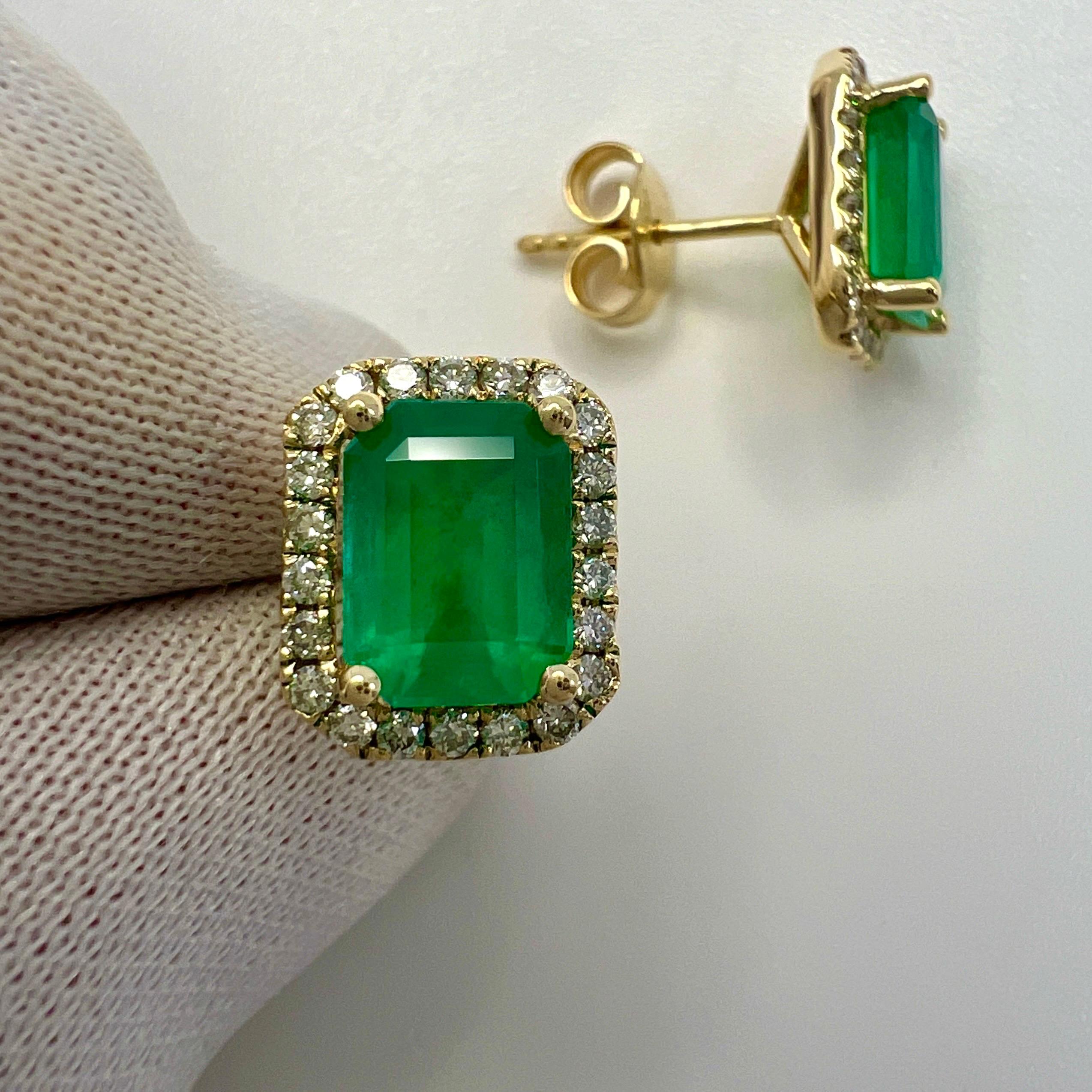 3.57ct GIA Certified Rare Russian Emerald & Diamond 18k Gold Halo Earring Studs For Sale 3