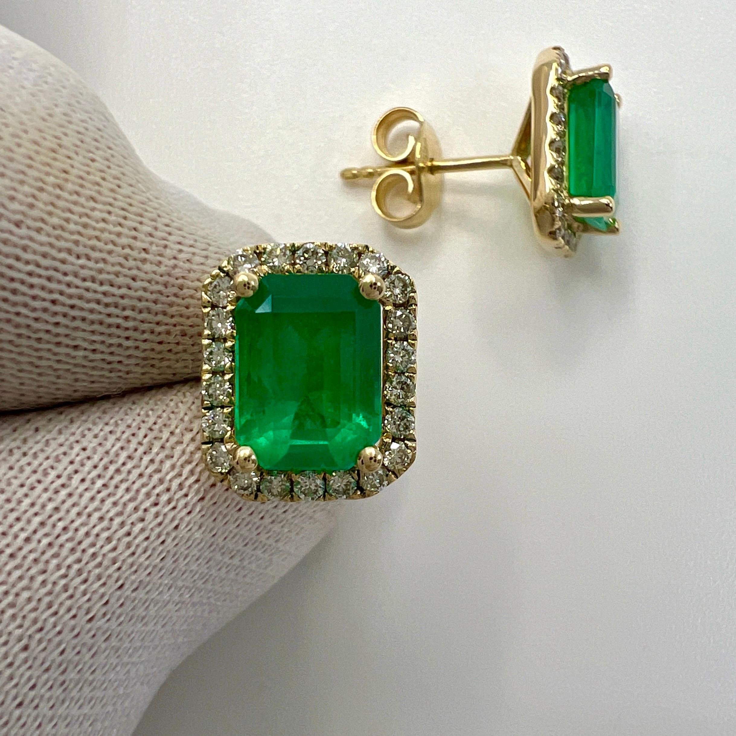 3.57ct GIA Certified Rare Russian Emerald & Diamond 18k Gold Halo Earring Studs For Sale 4