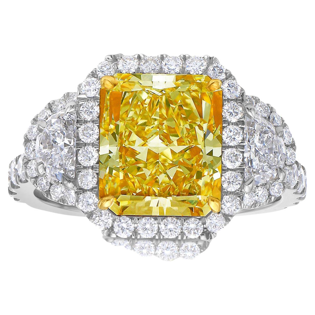 3.5 Carat GIA Yellow Elongated Radiant Diamond Ring For Sale