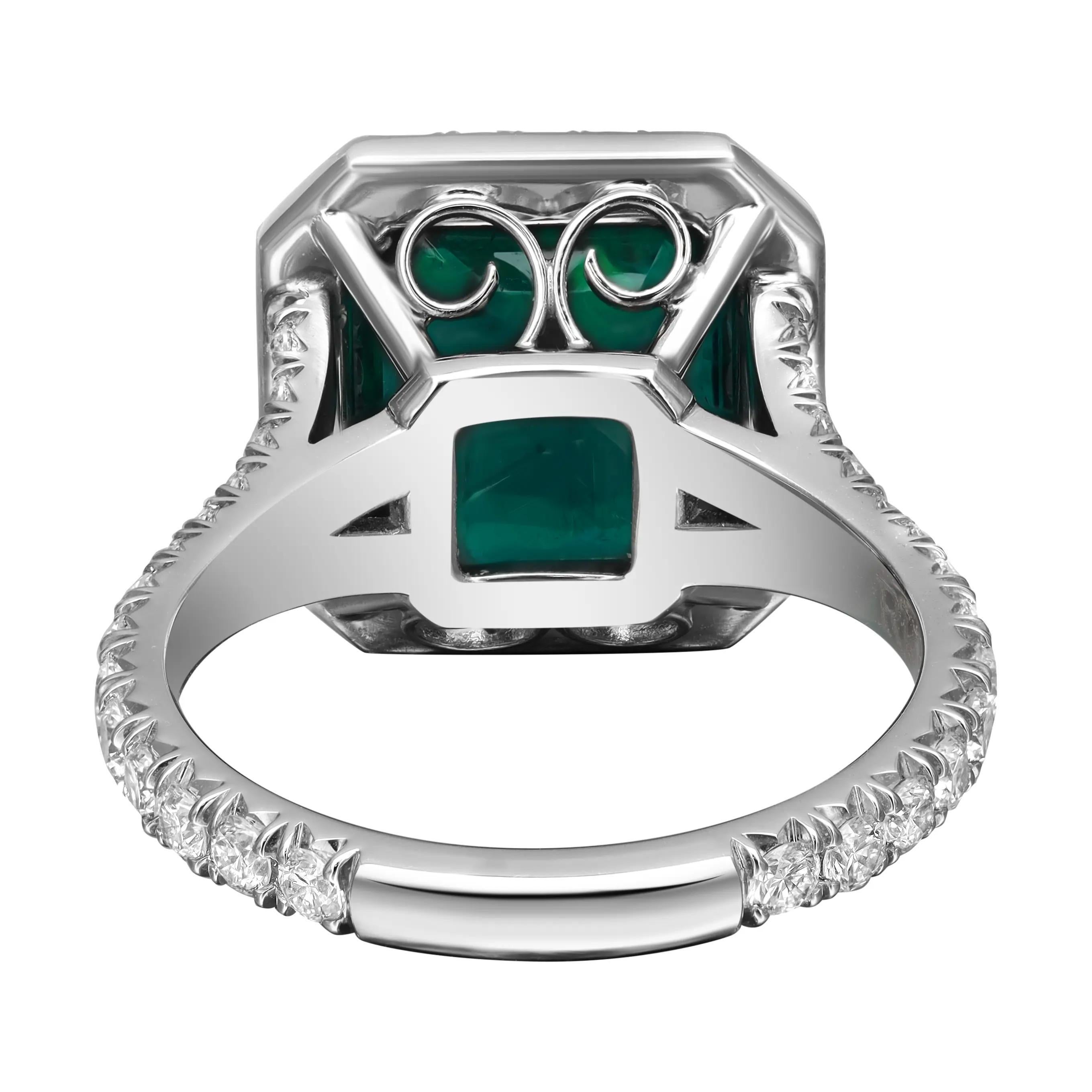 Modern 3.57cts Octagonal Zambian Green Emerald & Diamond Engagement Ring Platinum GIA For Sale