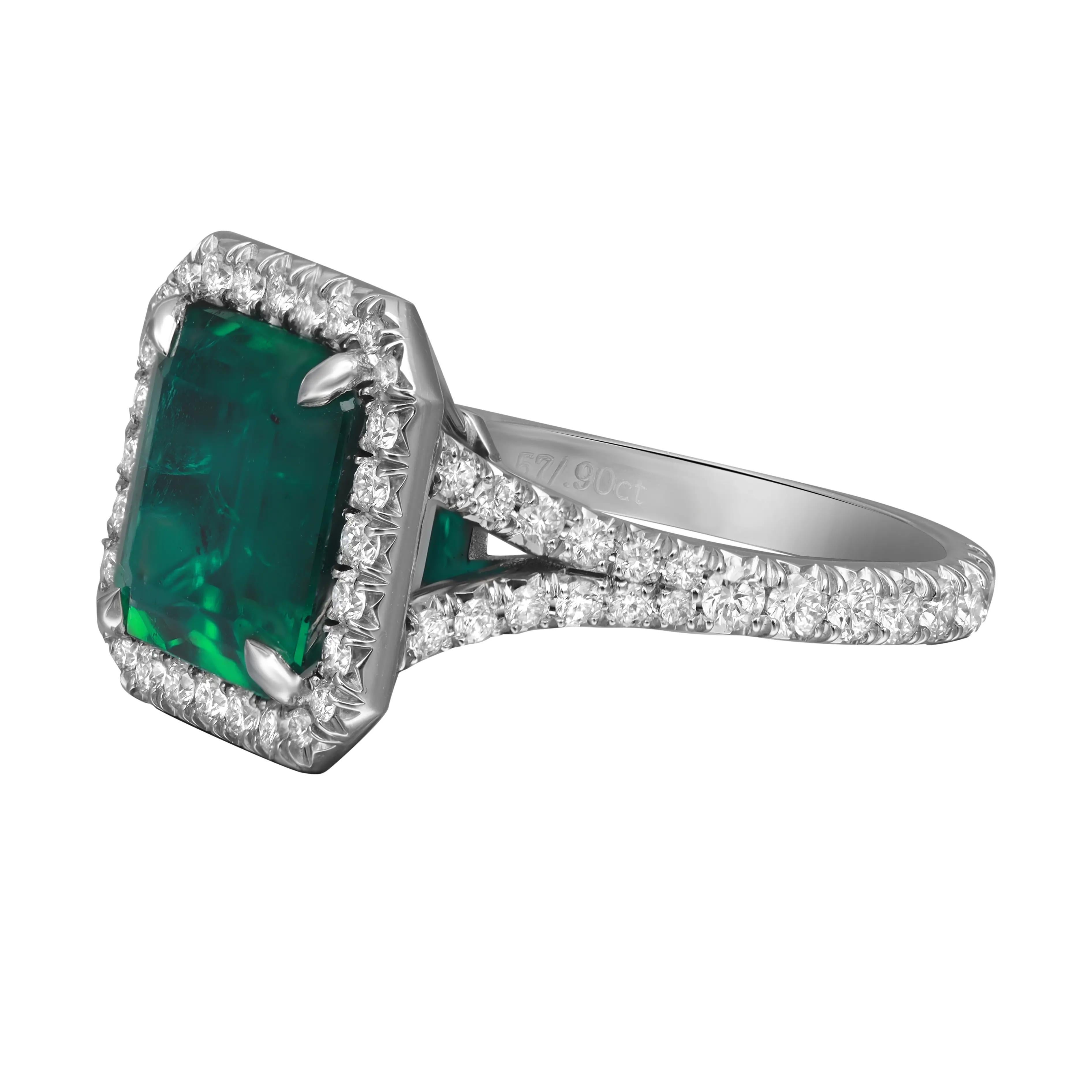 Modern 3.57cts Octagonal Zambian Green Emerald & Diamond Engagement Ring Platinum GIA For Sale