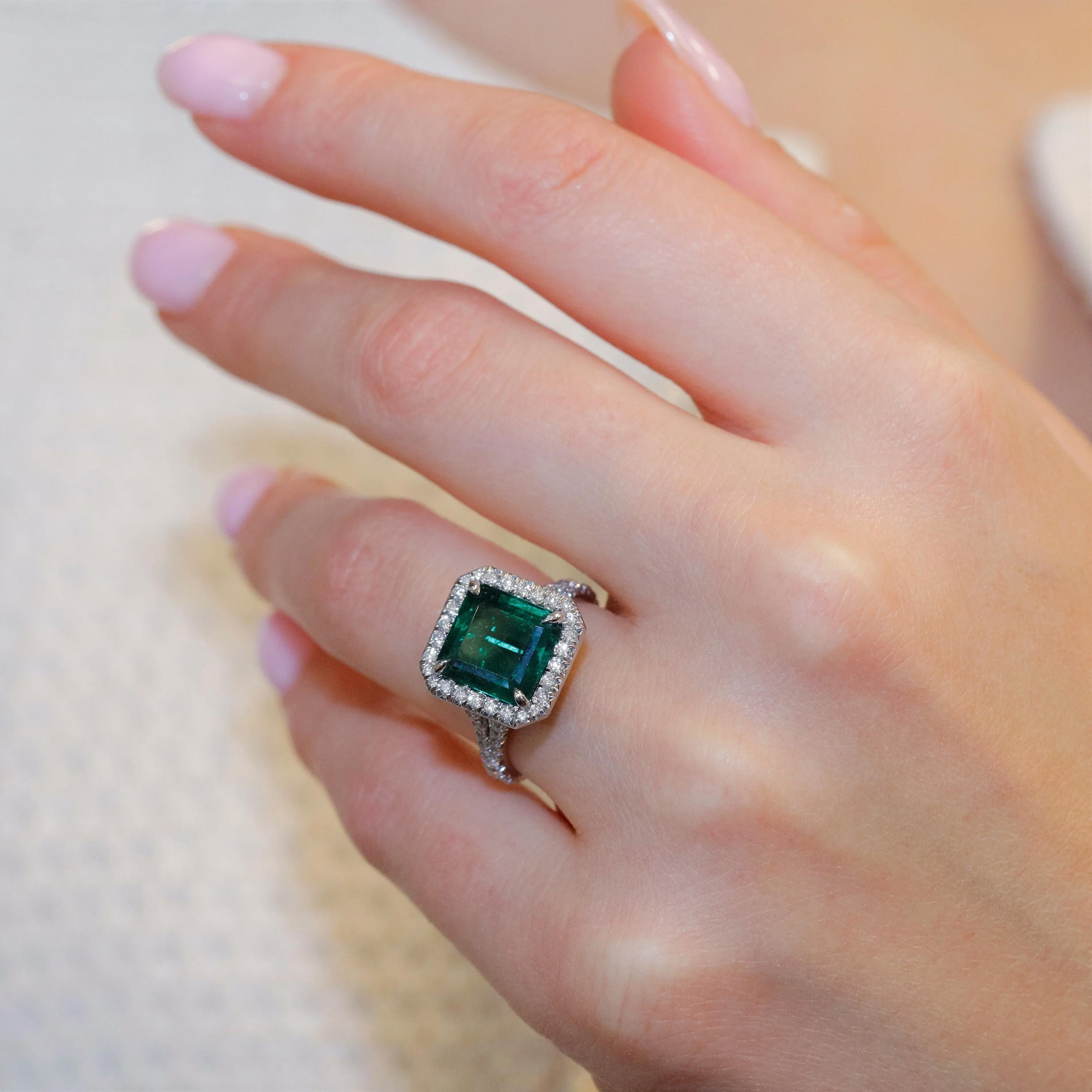 3.57cts Octagonal Zambian Green Emerald & Diamond Engagement Ring Platinum GIA For Sale 1