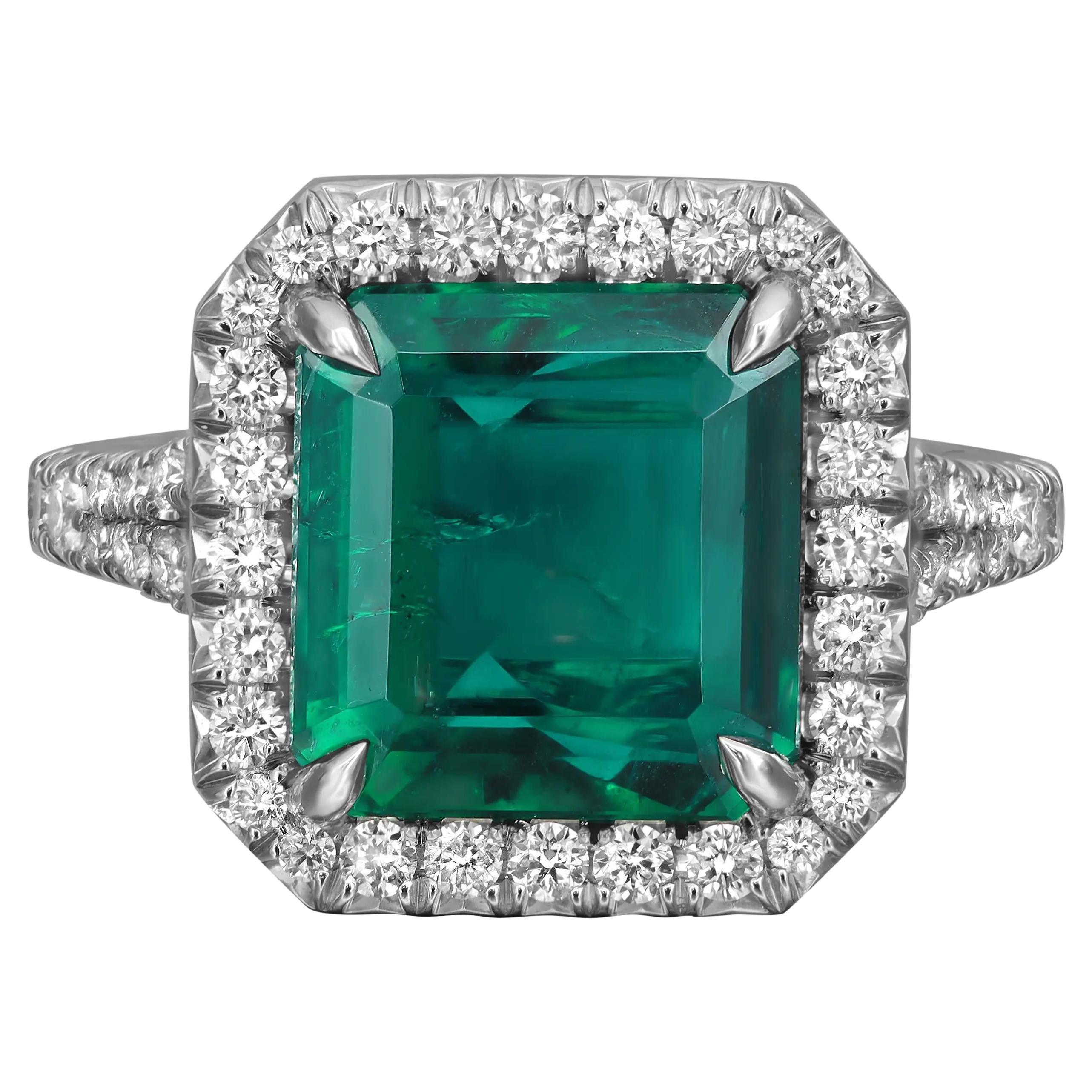 3.57cts Octagonal Zambian Green Emerald & Diamond Engagement Ring Platinum GIA For Sale
