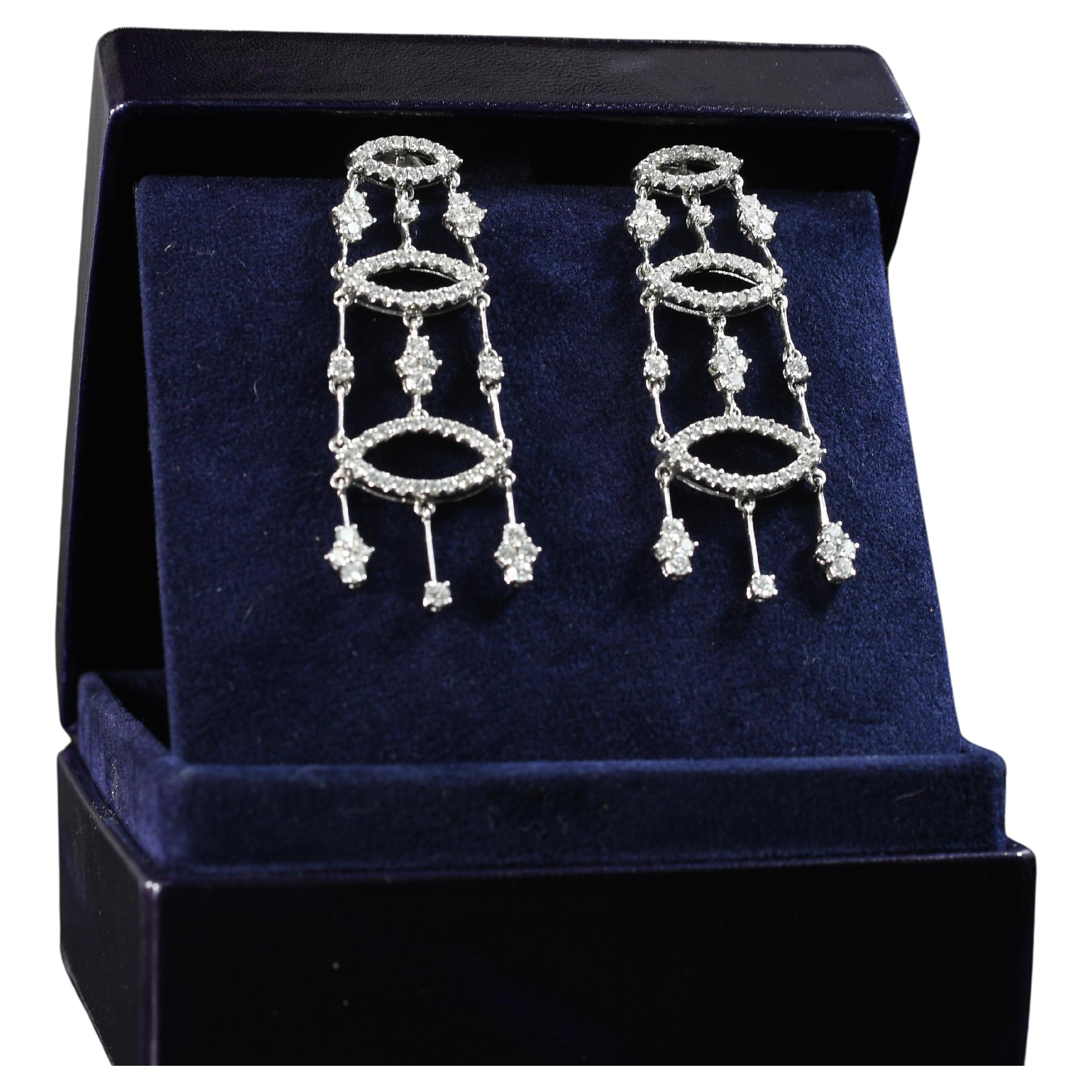 3.57ctw Diamond Chandelier 3 Tier Dangle 18K White Gold Earrings For Sale