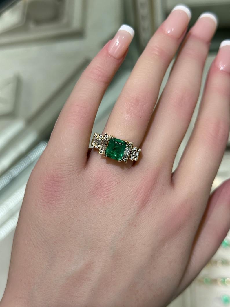 Contemporary 3.57tcw 18K Rich Green Emerald Cut Diamond Accent Ring: Emerald Engagement For Sale