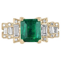 3.57tcw 18K Rich Green Emerald Cut Diamond Accent Ring: Emerald Engagement