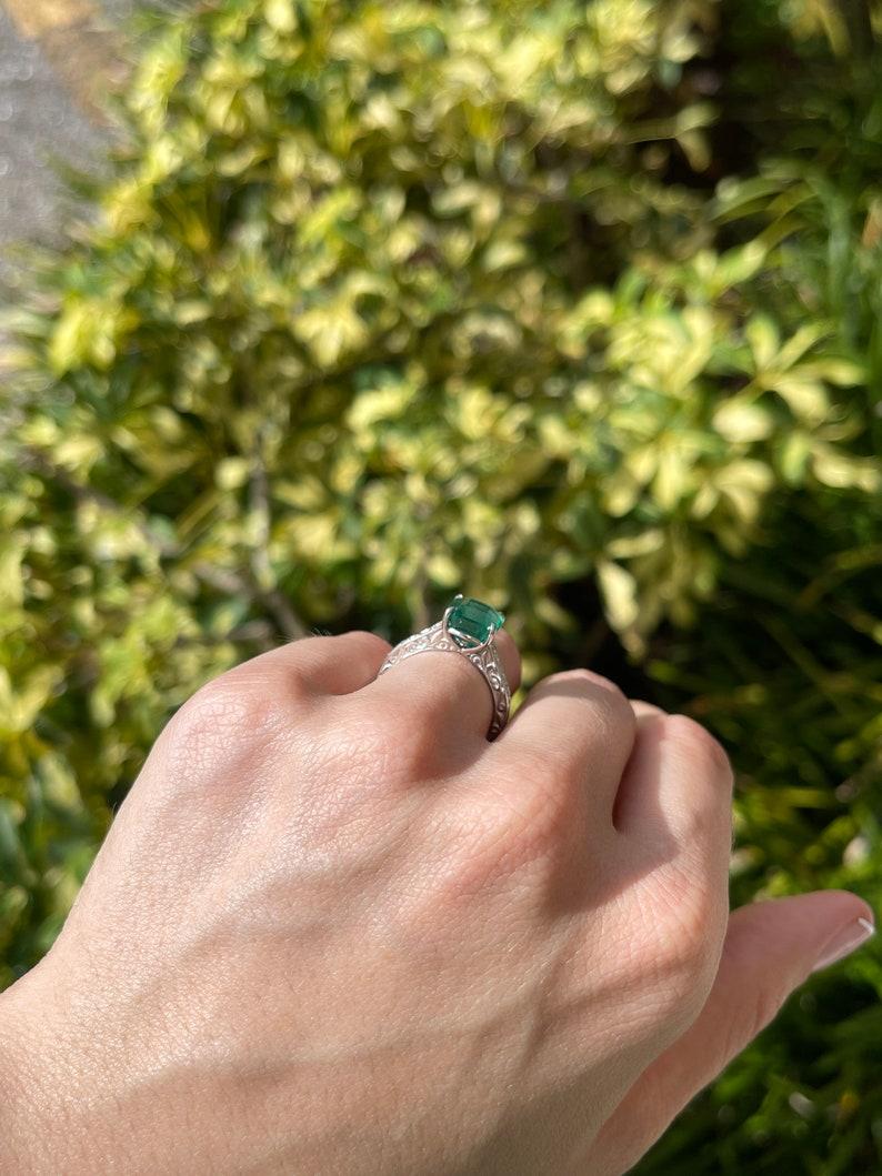 3.57tcw Platinum Asscher Cut Emerald & Diamond Ring - Rich Medium Green Floral For Sale 4