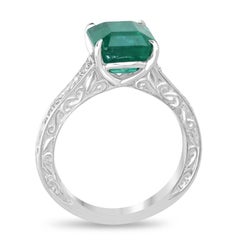 3.57tcw Platinum Asscher Cut Emerald & Diamond Ring - Rich Medium Green Floral