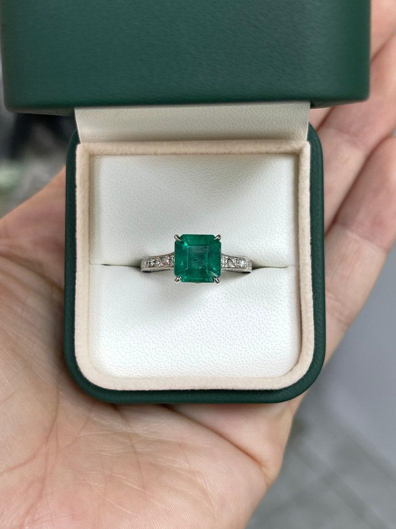 Modern 3.57tcw Platinum Asscher Cut Emerald & Diamond Ring - Rich Medium Green Floral For Sale