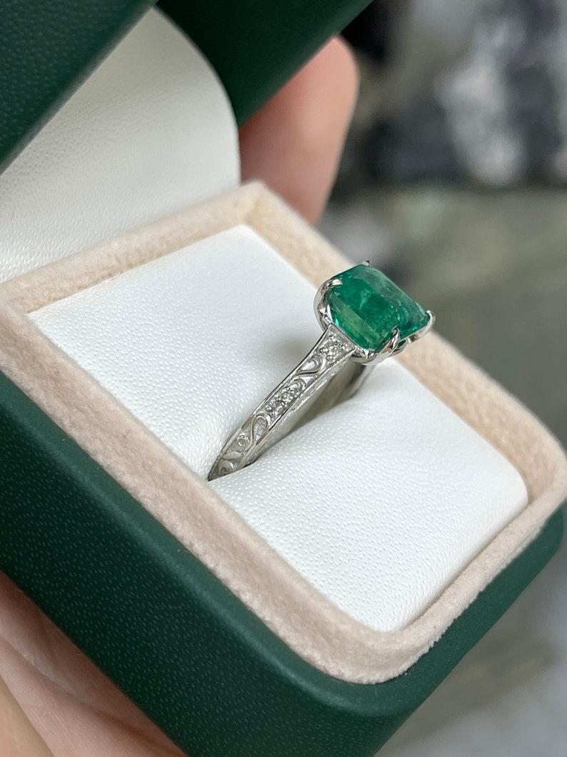 Emerald Cut 3.57tcw Platinum Asscher Cut Emerald & Diamond Ring - Rich Medium Green Floral For Sale