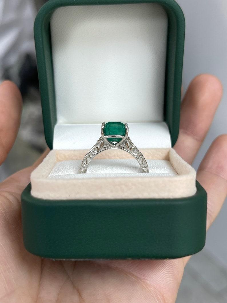 3.57tcw Platinum Asscher Cut Emerald & Diamond Ring - Rich Medium Green Floral In New Condition For Sale In Jupiter, FL