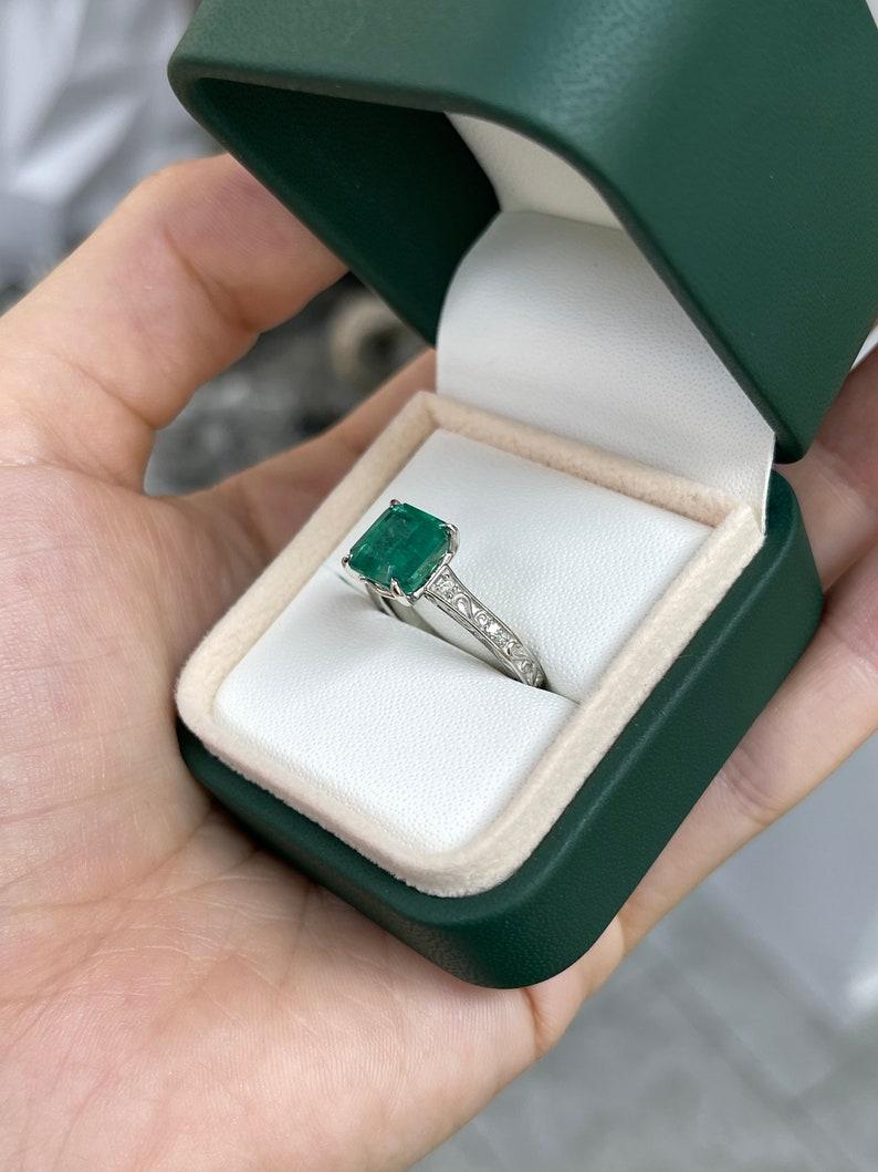 Men's 3.57tcw Platinum Asscher Cut Emerald & Diamond Ring - Rich Medium Green Floral For Sale