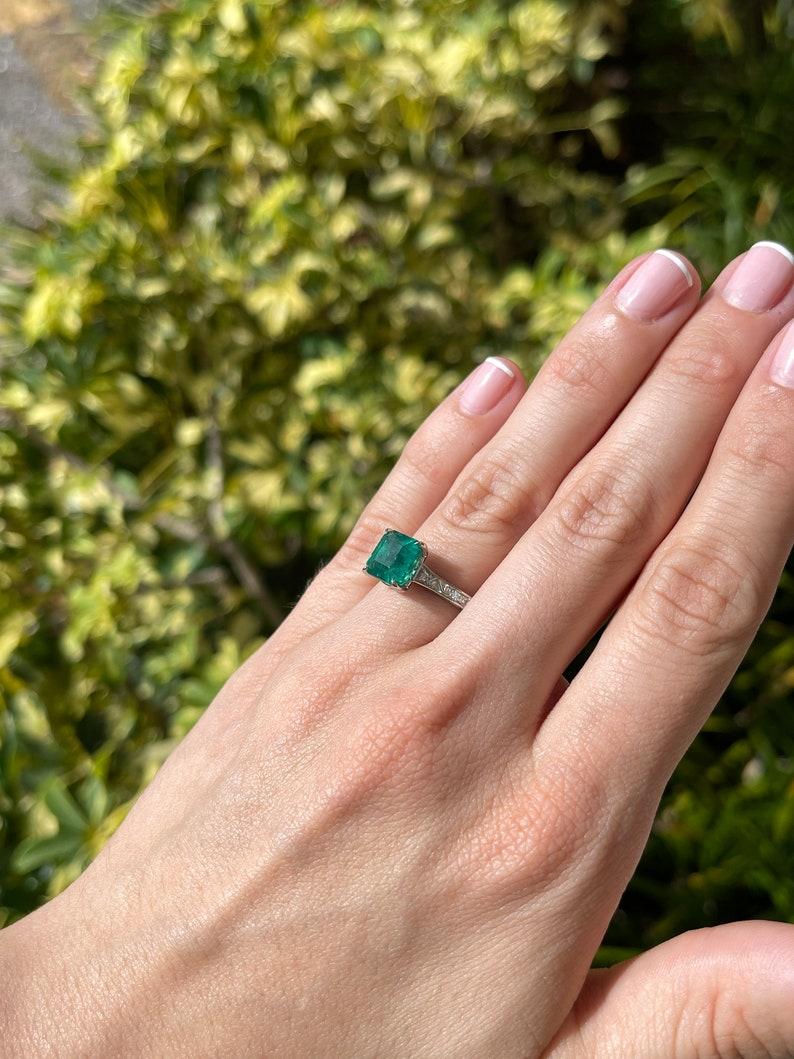 3.57tcw Platinum Asscher Cut Emerald & Diamond Ring - Rich Medium Green Floral For Sale 2