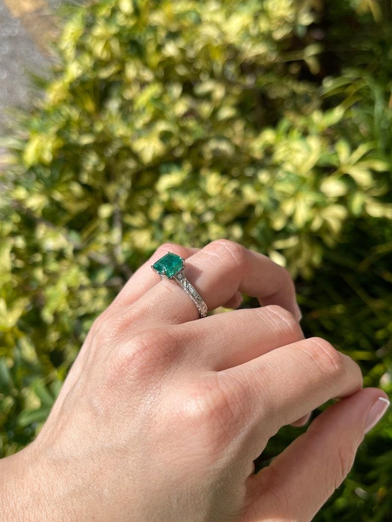 3.57tcw Platinum Asscher Cut Emerald & Diamond Ring - Rich Medium Green Floral For Sale 3