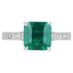 Anello in platino con smeraldo e diamante taglio Asscher da 3,57tcw - ricco verde medio floreale