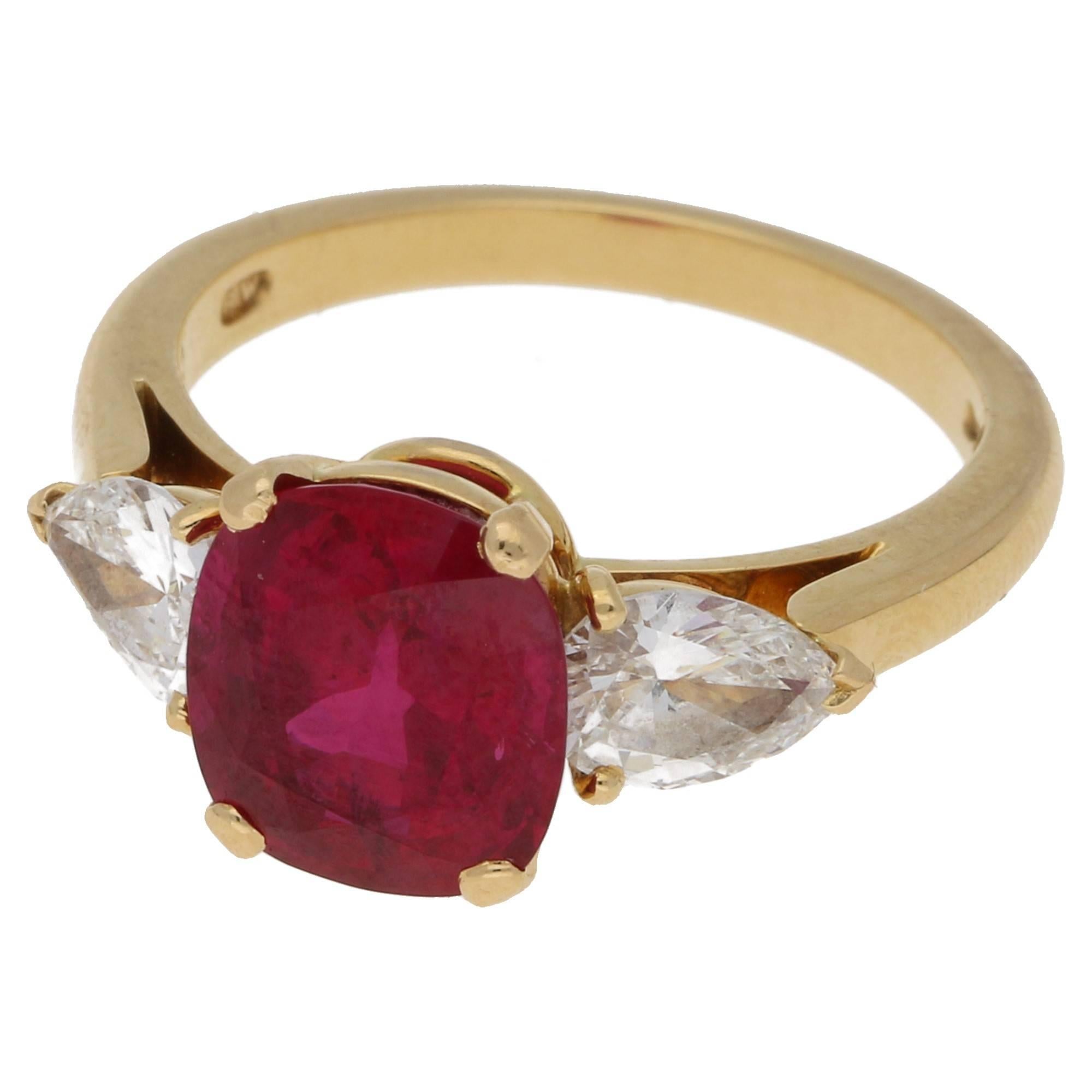 Modern Burmese Ruby and Flawless Diamond Engagement Ring in 18k Yellow Gold