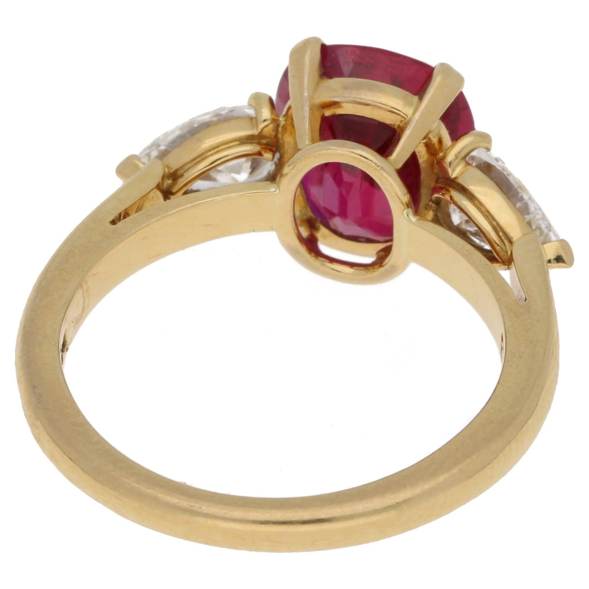 Pear Cut Burmese Ruby and Flawless Diamond Engagement Ring in 18k Yellow Gold