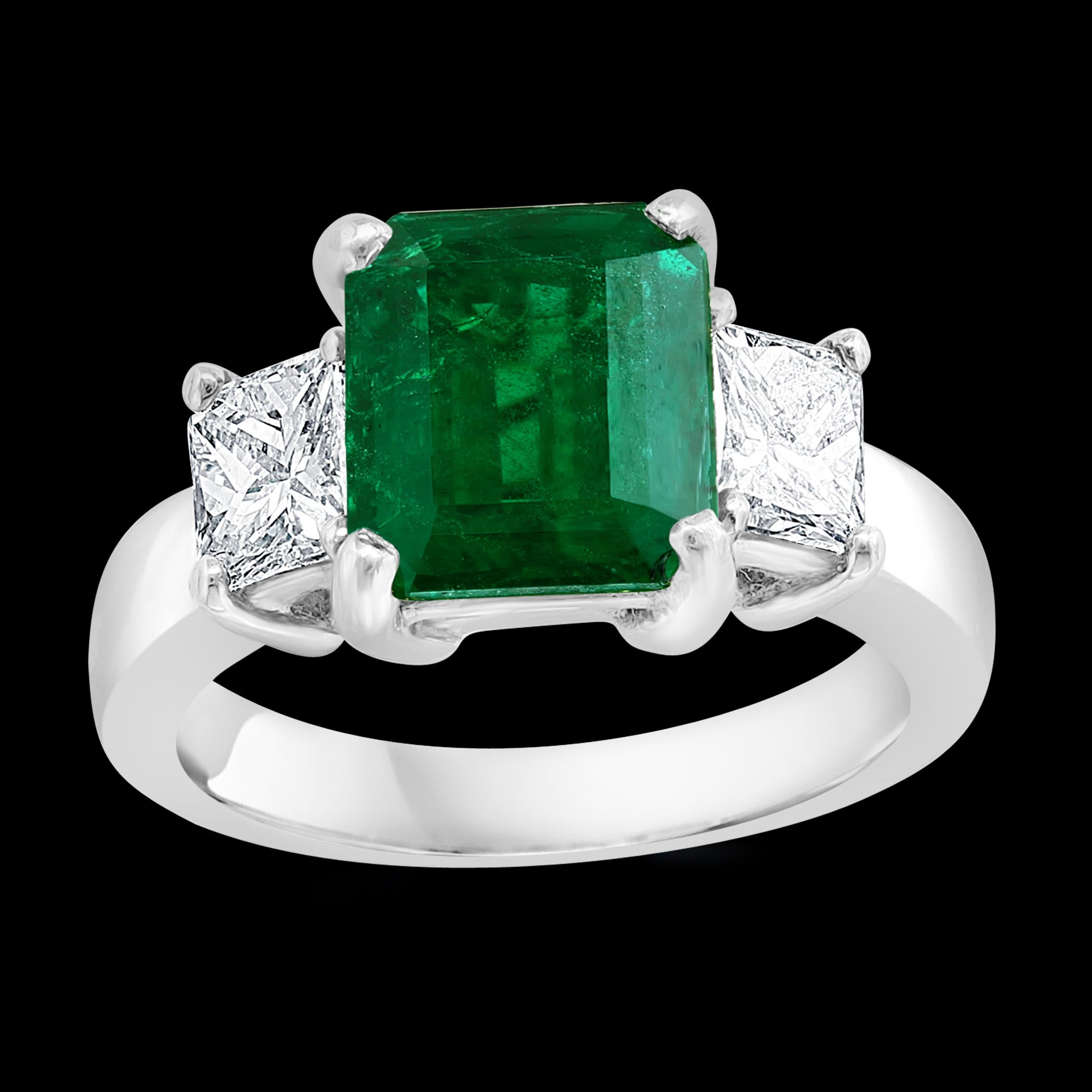 Emerald Cut 3.58 Carat Cushion Cut Colombian Emerald & 0.8 Ct Diamond Ring in 18K White Gold For Sale