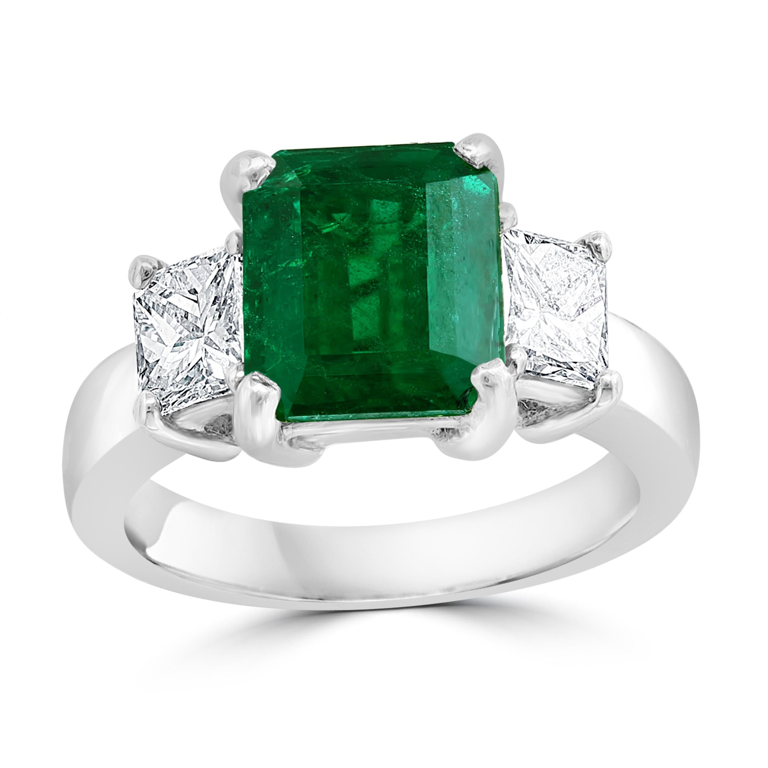 Women's 3.58 Carat Cushion Cut Colombian Emerald & 0.8 Ct Diamond Ring in 18K White Gold For Sale