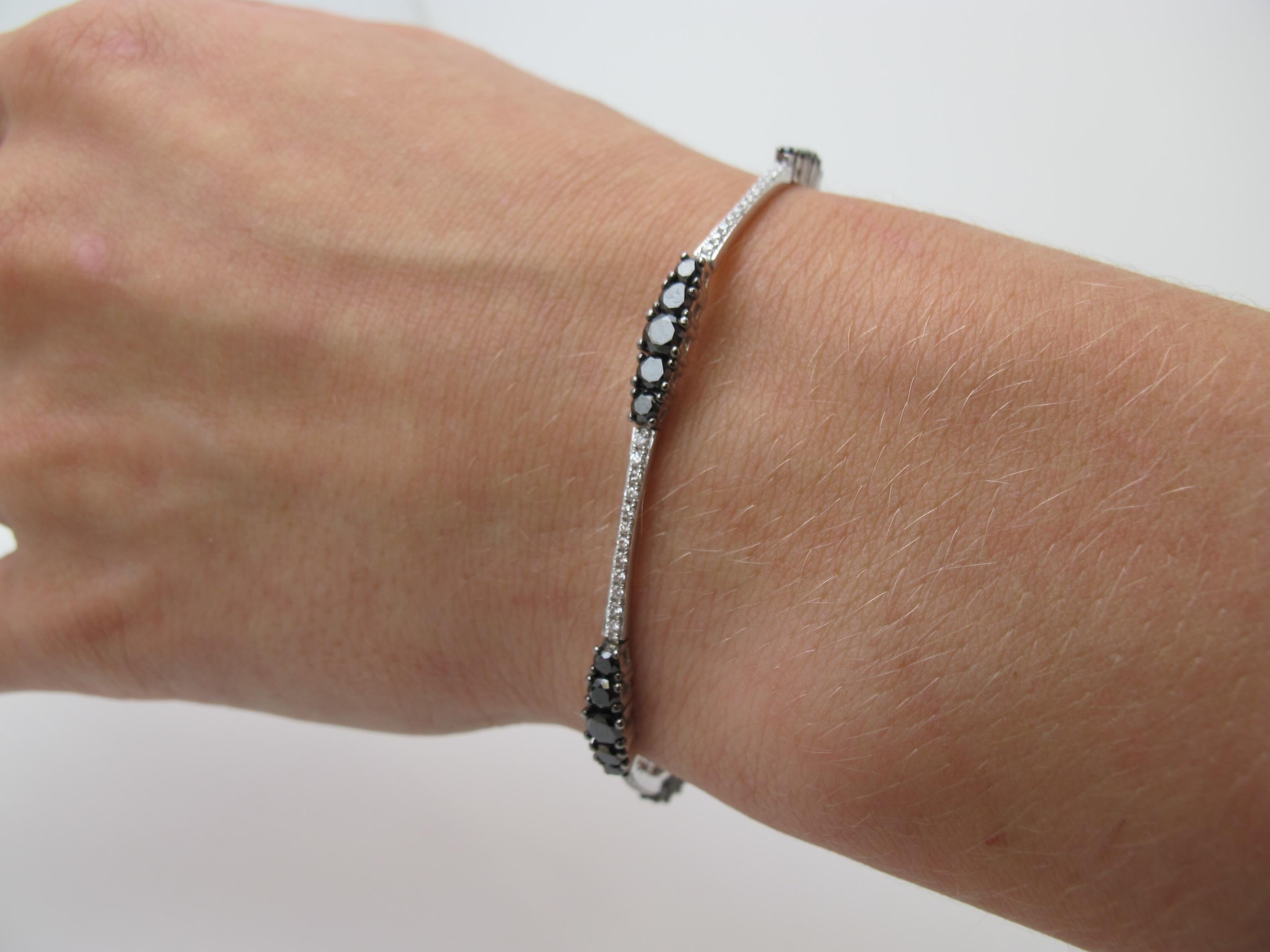 3.58 Carat Total Black, White Diamond and White Gold Bangle Tennis Bracelet 3