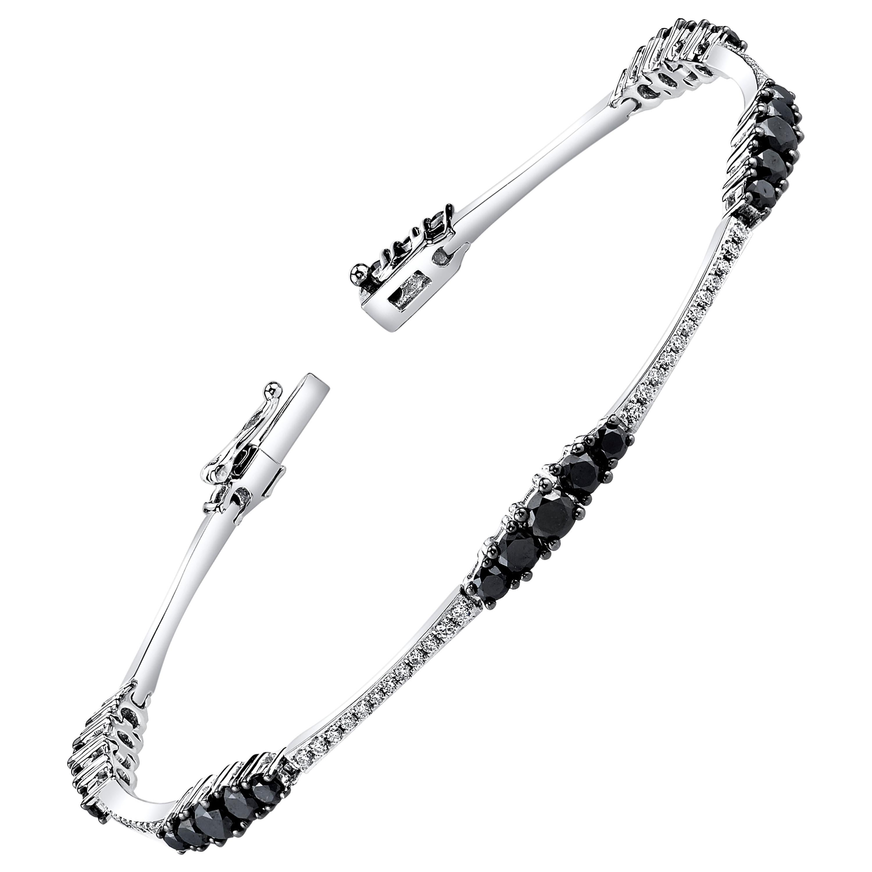 3.58 Carat Total Black, White Diamond and White Gold Bangle Tennis Bracelet