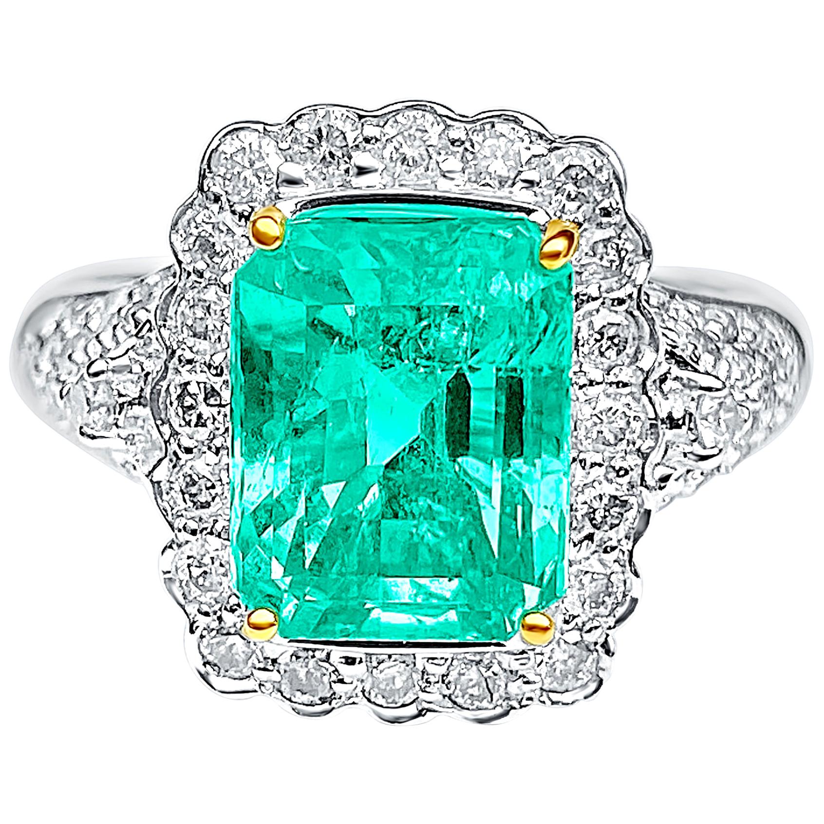 3.58 Carat Emerald-Cut Colombian Emerald, Diamond and 18 Karat White Gold Ring