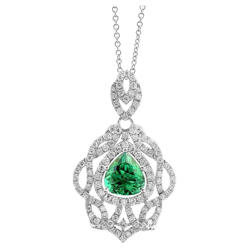 3.58 Carat Green Tourmaline Diamonds set in 14K White Gold Pendant  For Sale