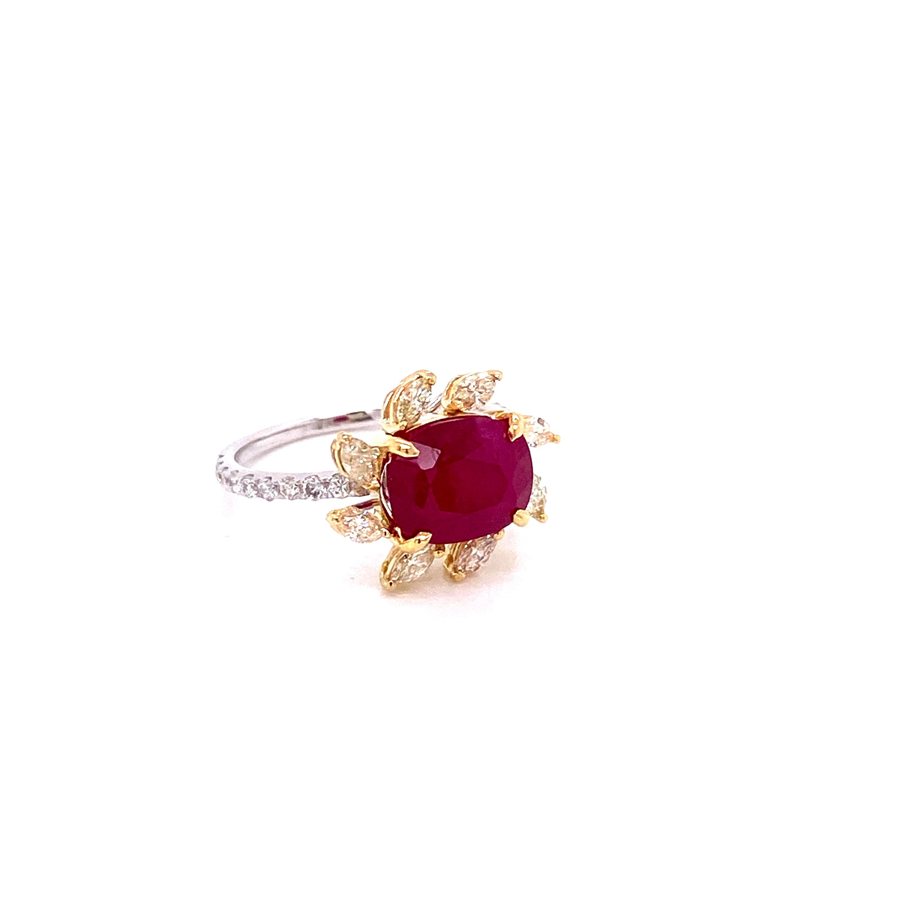 3.58 carat GRS Certified Unheated Burmese Ruby and Diamond Gold Engagement Ring:

A rare ring, it features a stunning unheated Burmese ruby weighing 3.58 carat, surrounded by a unique halo of yellow diamonds weighing 0.47 carat, and white round