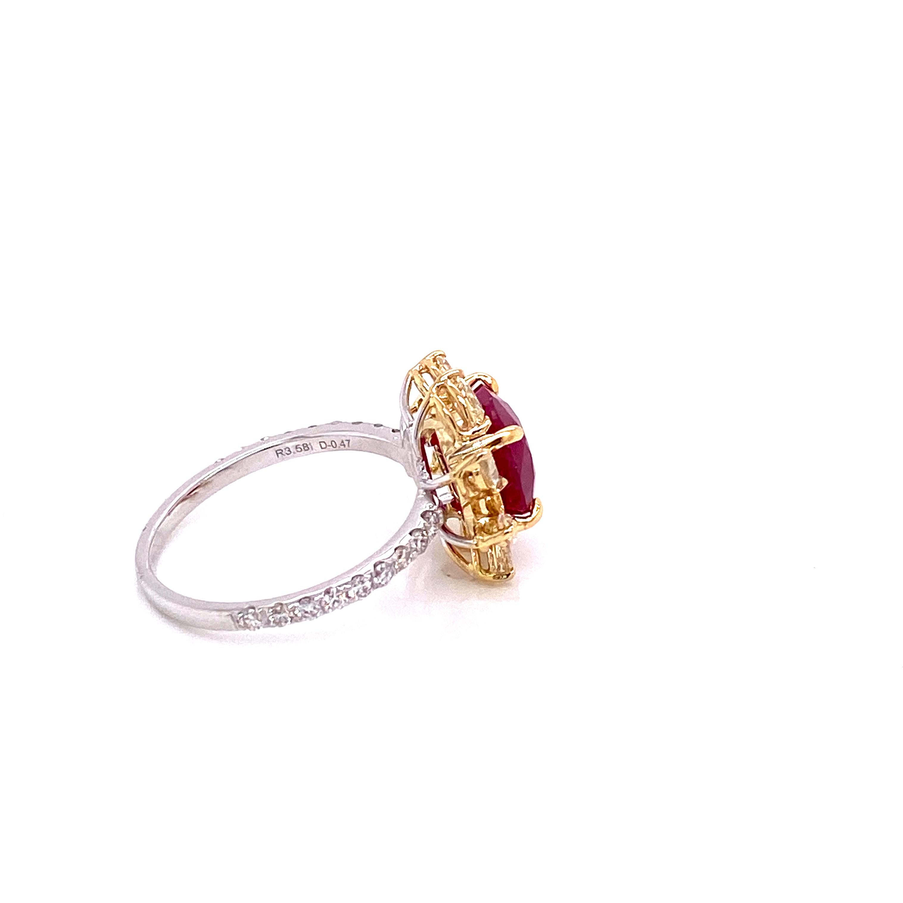 Contemporary 3.58 Carat GRS Certified Unheated Burmese Ruby and Diamond Gold Engagement Ring For Sale