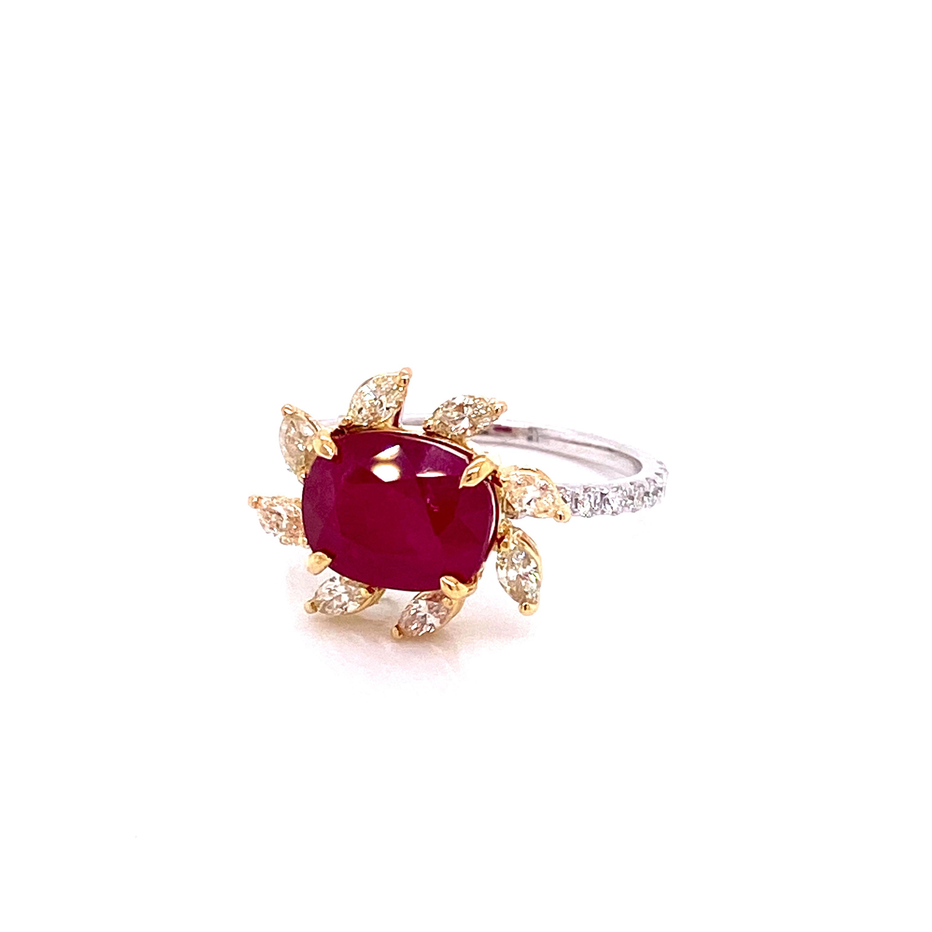 3.58 Carat GRS Certified Unheated Burmese Ruby and Diamond Gold Engagement Ring For Sale 1