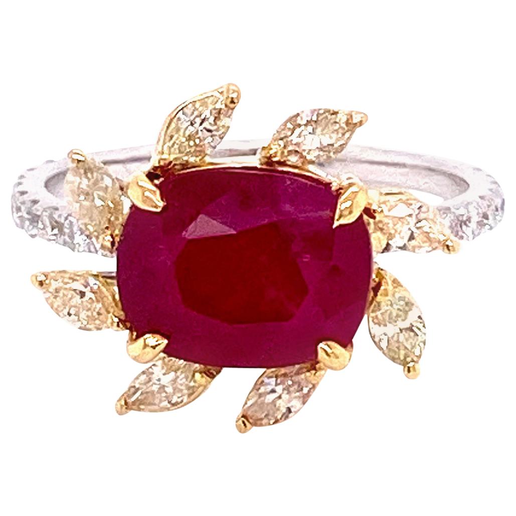 3.58 Carat GRS Certified Unheated Burmese Ruby and Diamond Gold Engagement Ring For Sale