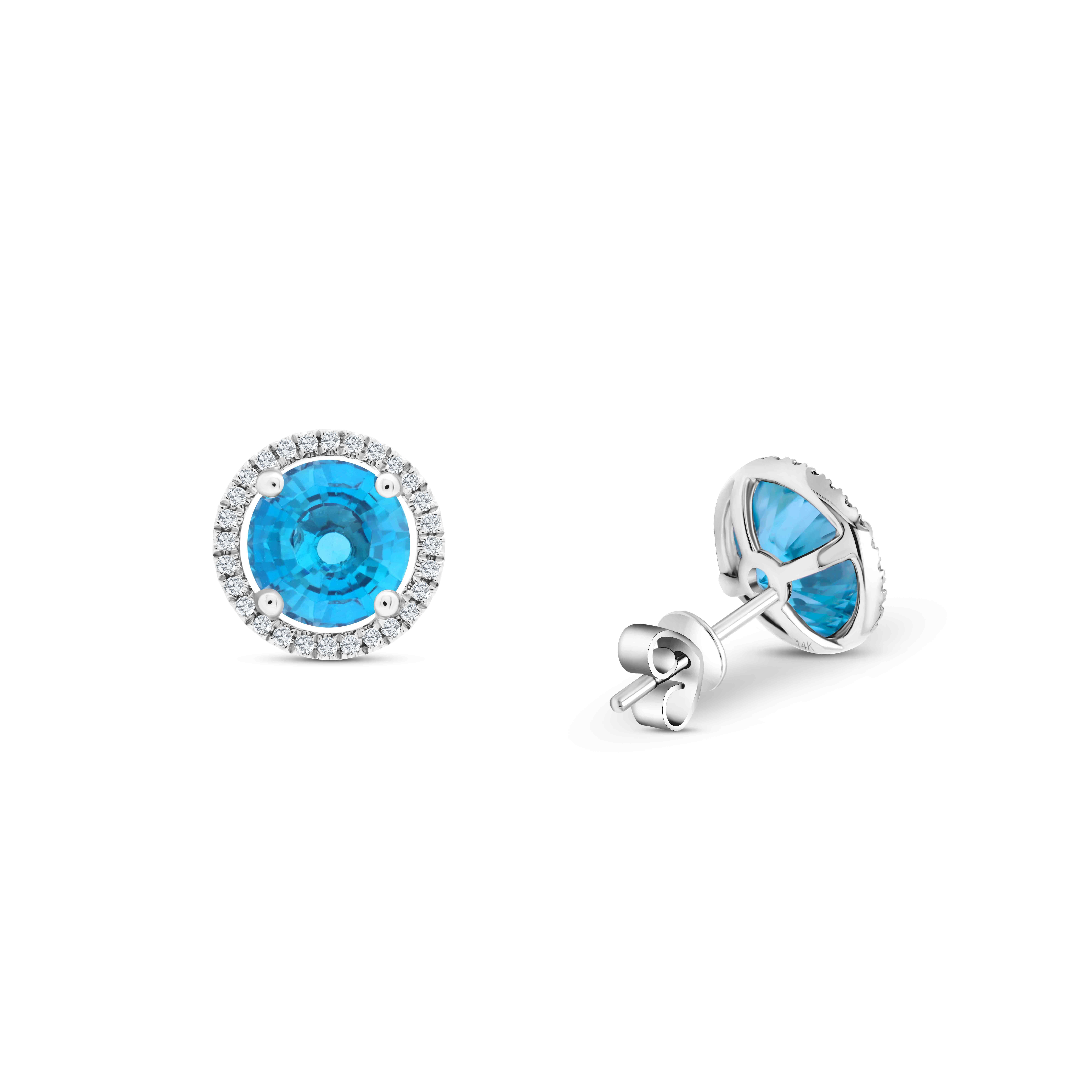 Clous d'oreilles halo de topaze bleue de Londres de 3,58 carats en or 14 carats ref1441 en vente 2