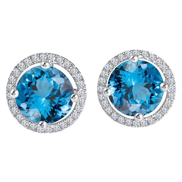 3.58 Carat London Blue Topaz Halo Stud Earrings in 14 Karat Gold For Sale